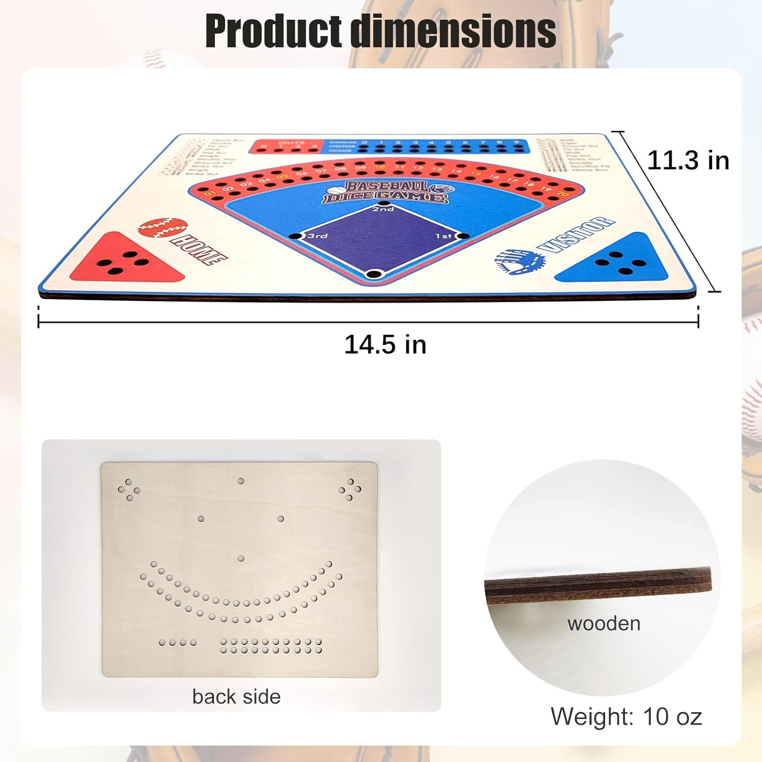 Baseball Board Game, Solid Oak Wooden Baseball Dice Table Game with 20mm Thick B