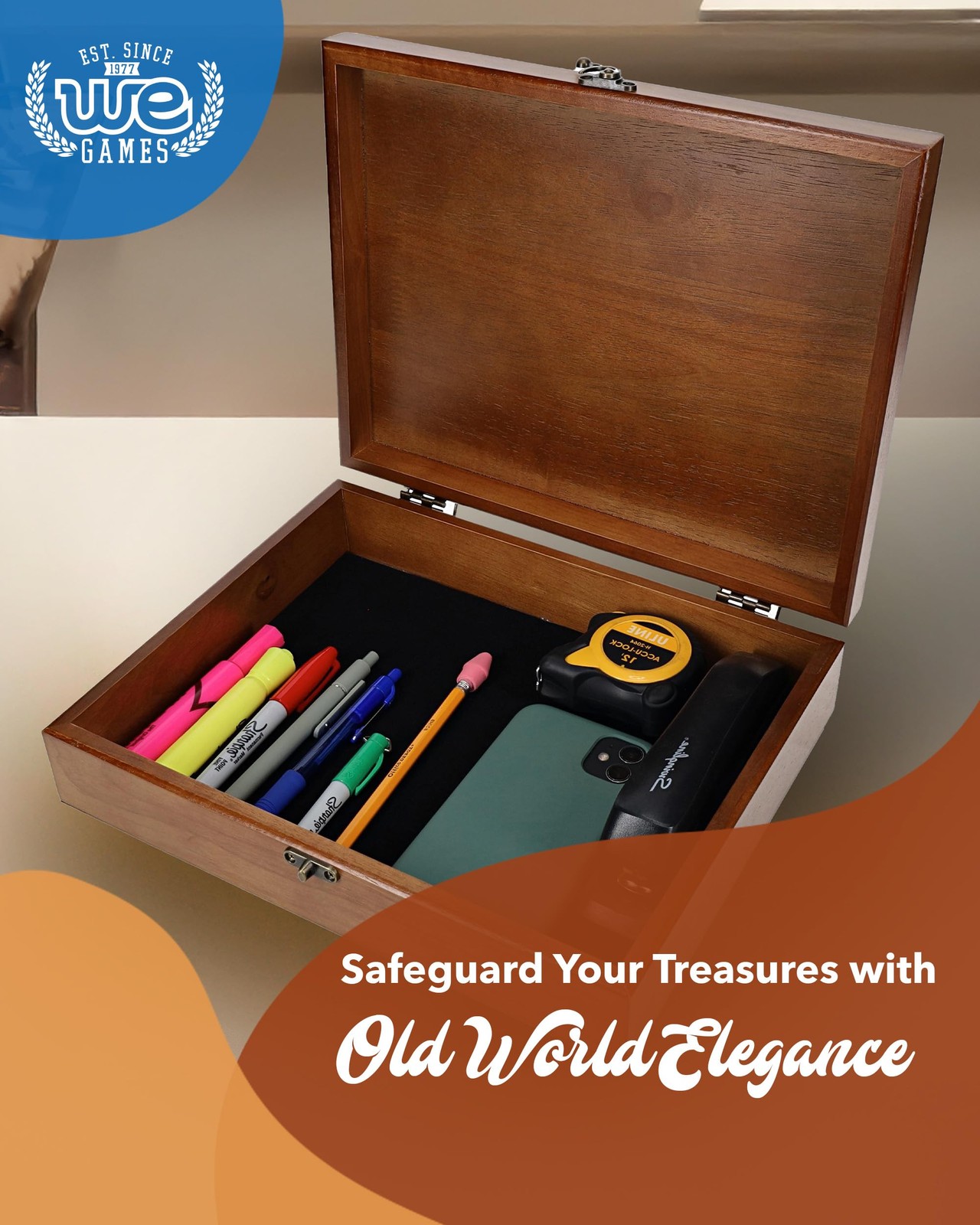 WE Games Old World Wooden Box with 12.125 x 9.625 x 3 inches, Walnut Finish