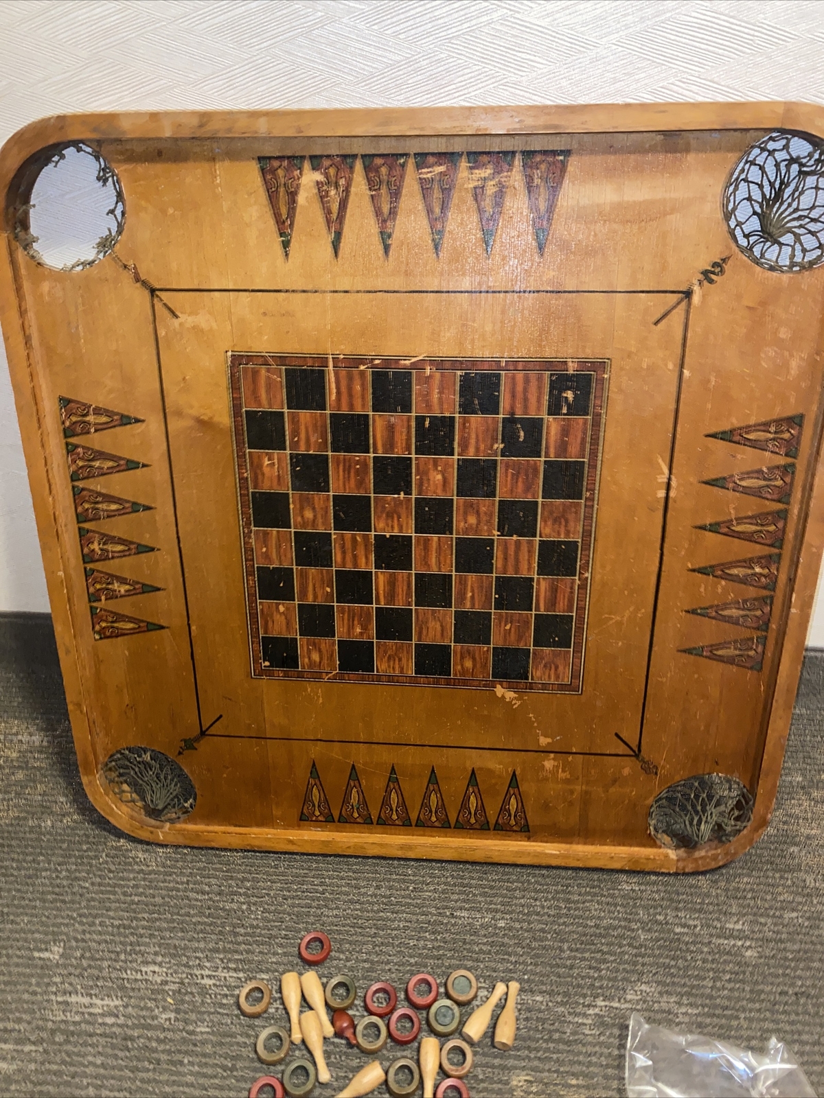 Antique 1913 Archarena Wood Game Board With game Pieces Great Wall Decor
