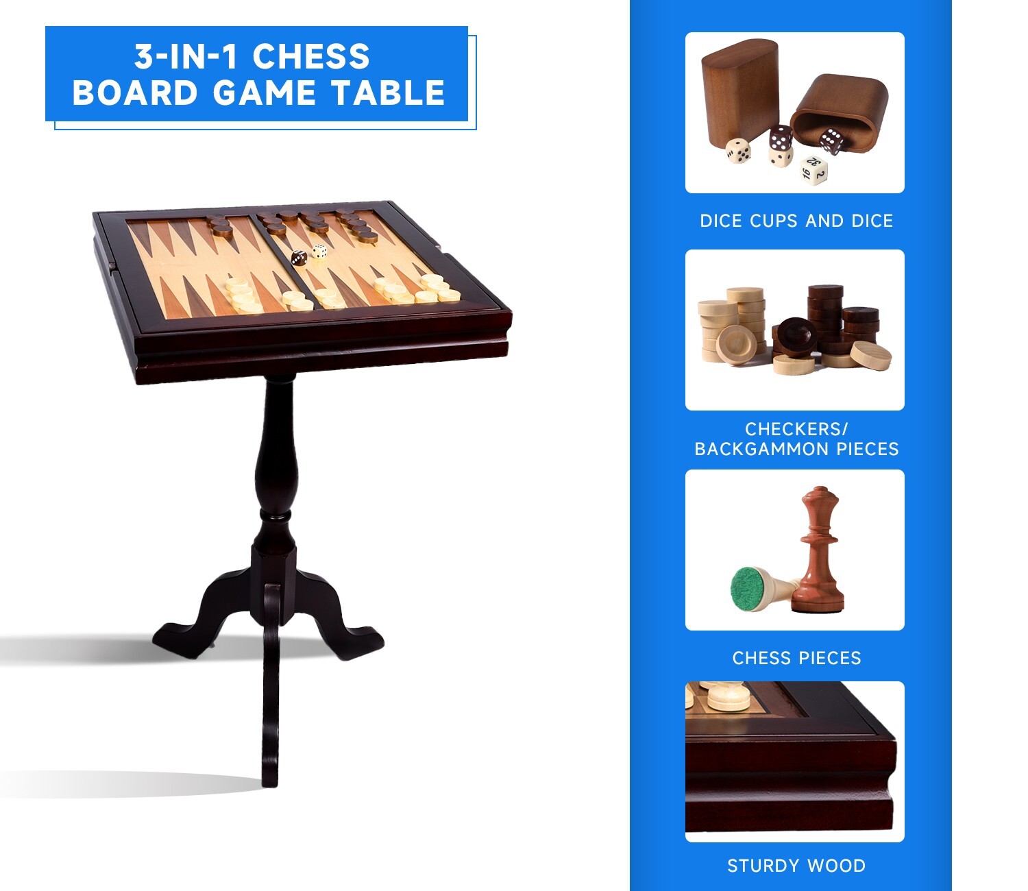 3-in-1 Mahogany Chess/Checkers/Backgammon Table with Chess/Checkers Game Pieces
