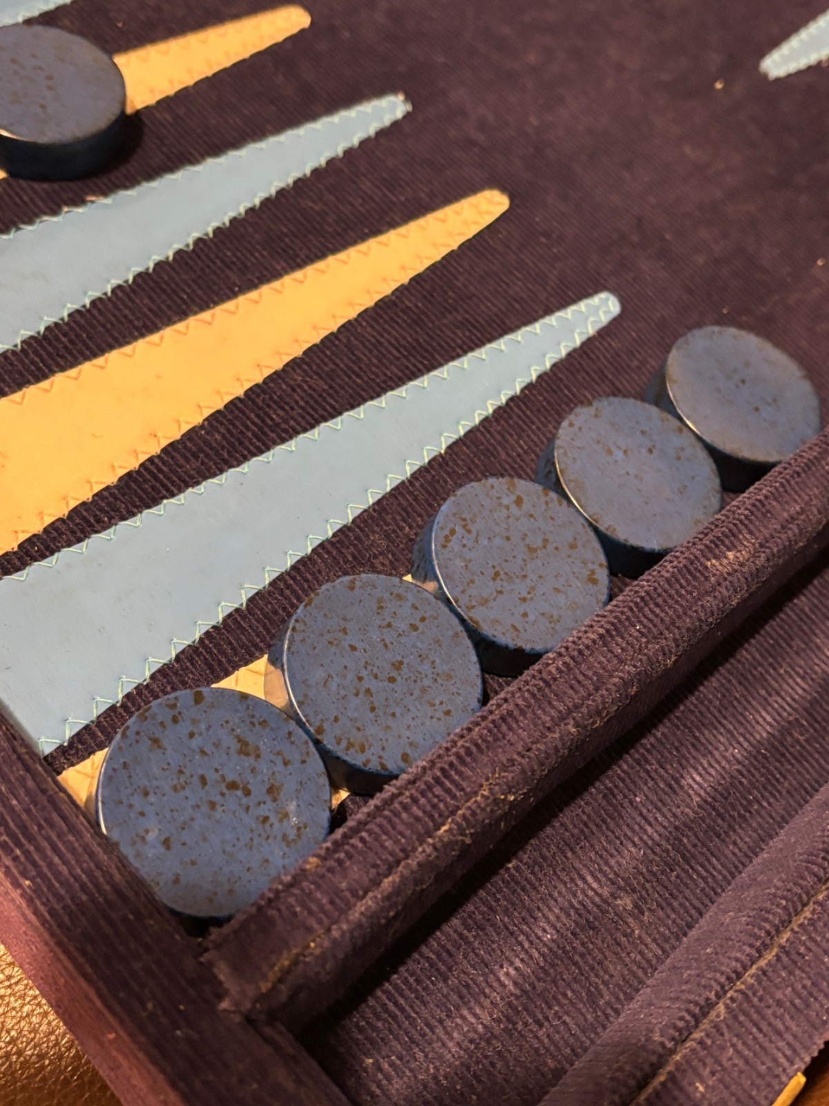 Vintage Backgammon Blue Corduroy Case Blue Black Speck + Cream Checkers