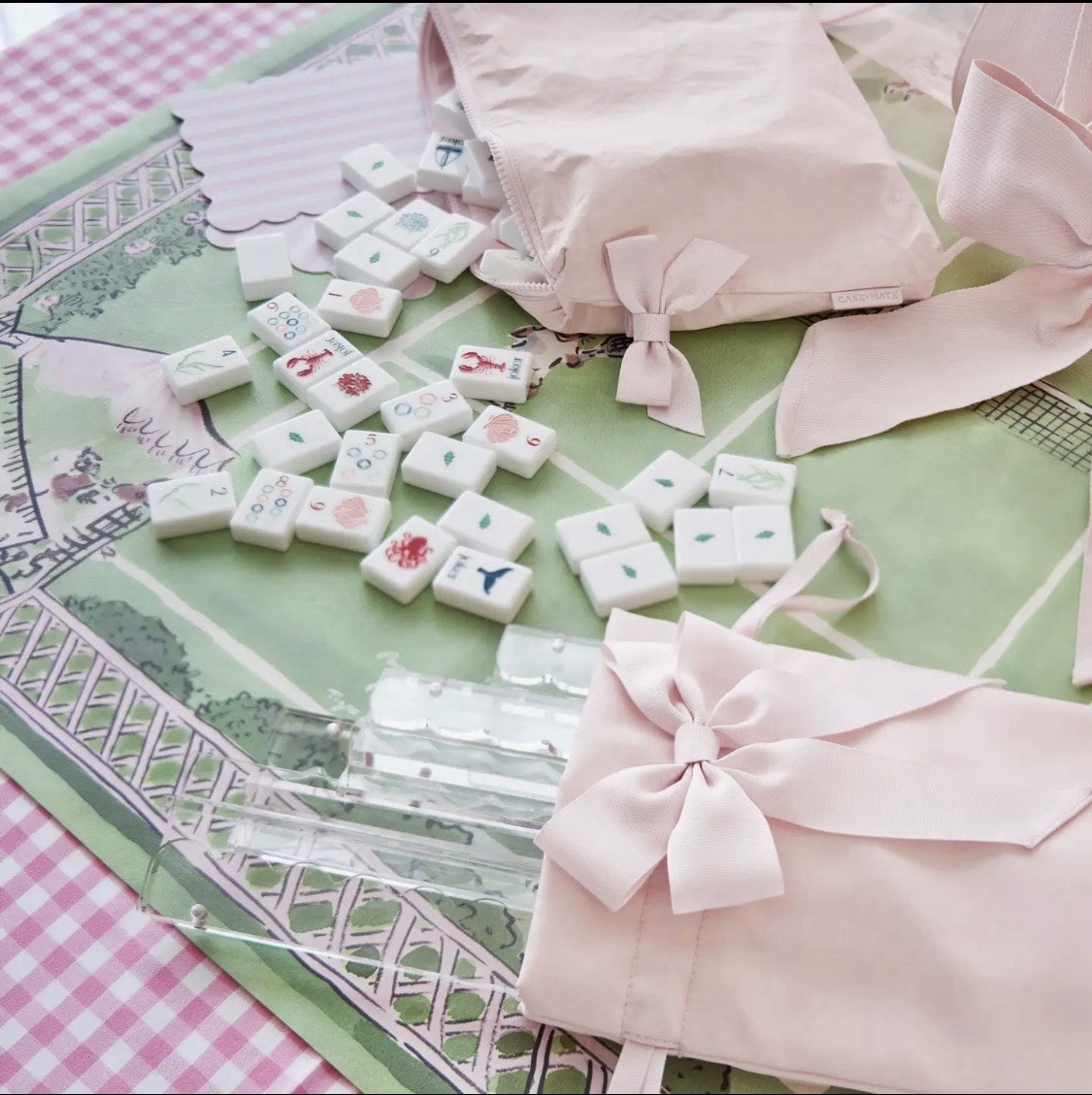 Case-Mate Mahjong Jelly Tote 4pc Set Card Pouch Rack Sleeve Tile Bag Pink NEW