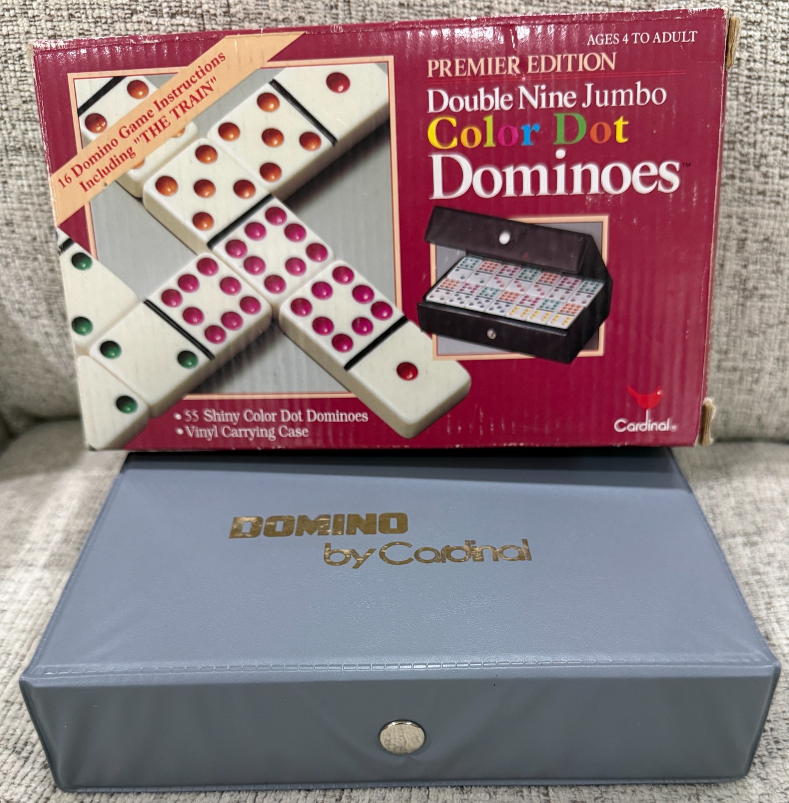 Cardinal Premier Double Nine Jumbo Color Dot Dominoes Set Vinyl Case NEW