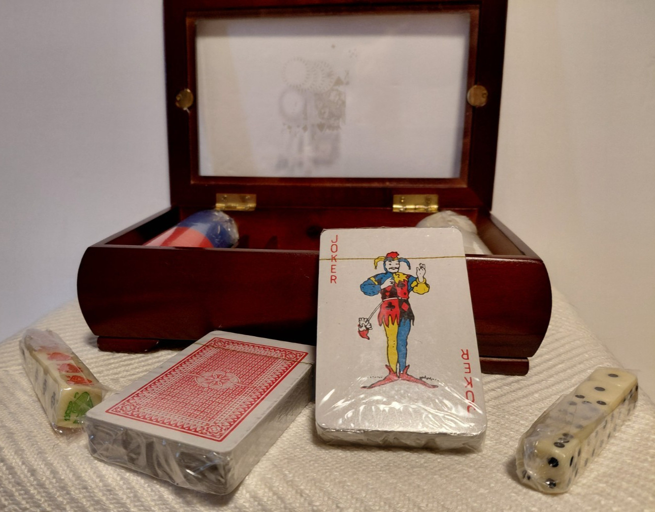 Poker set in wooden & glass box -sealed 2 sets dice/2 decks cards/2 chips-VTG