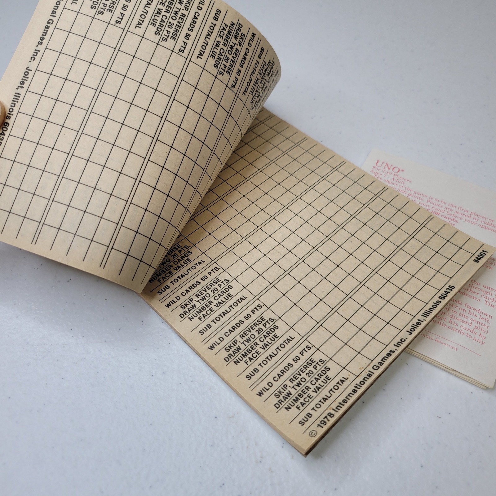 Vintage 1978 UNO Card Game Score Card Pad and 1979 Instructions Manual #4001