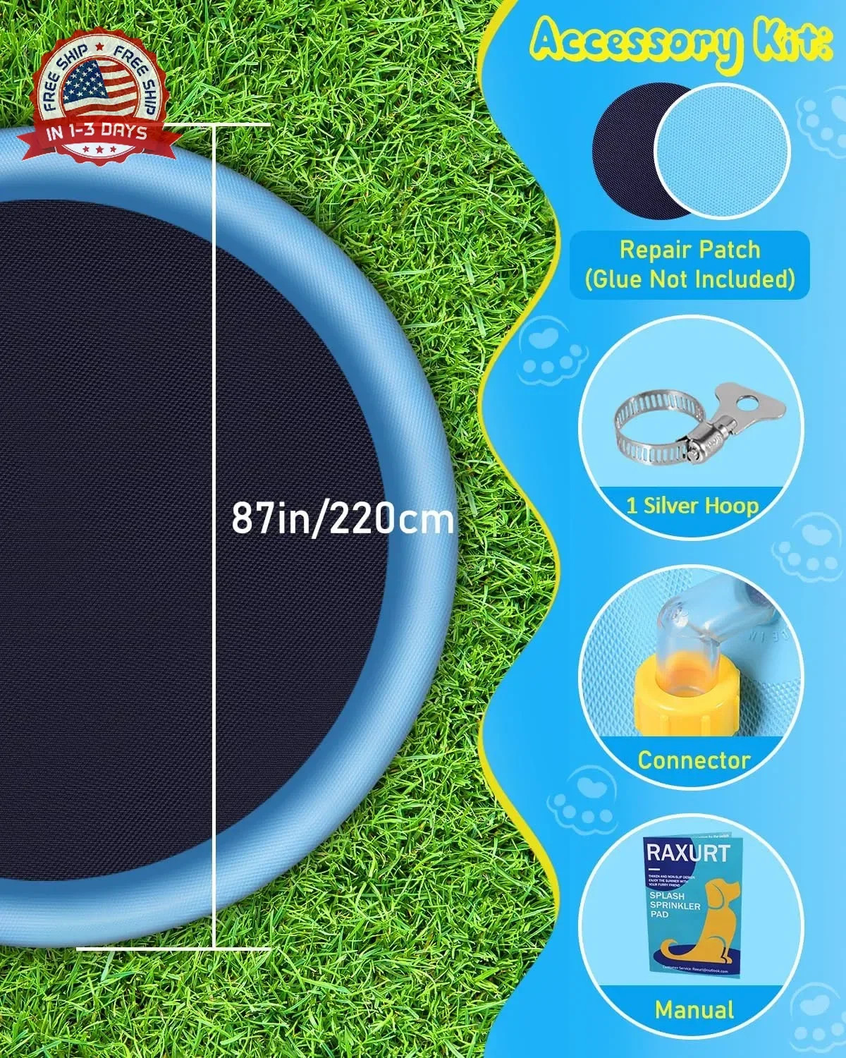 Raxurt Splash Pad, 87in Anti-Slip Splash Pad for Kids Dogs Thickened Durable Bat