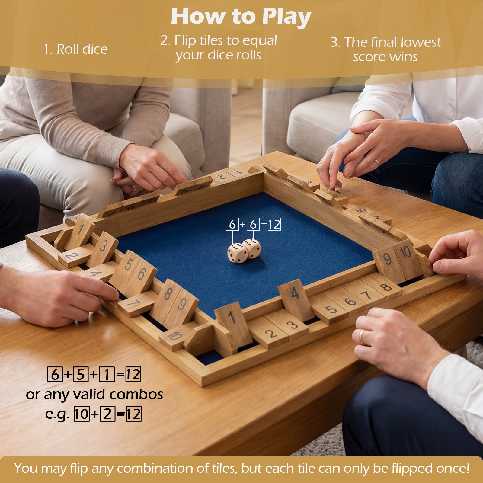 Shut The Box Game for 2-4 Players, 24 Inch Extra-Large Wooden Board w/10 Numbers