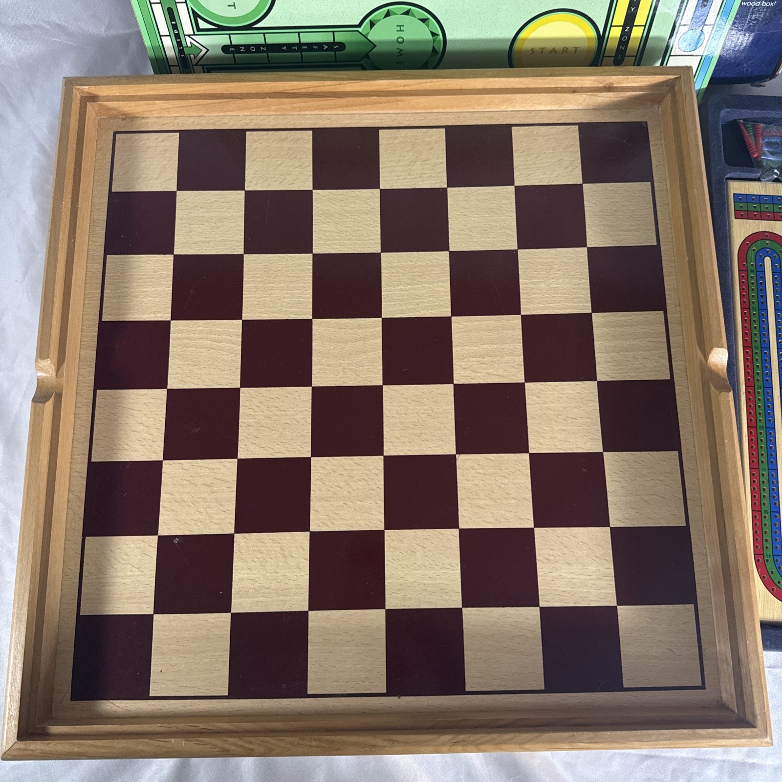MONOPOLY SORRY Plus 6 Classic Games Tabletop Solid Wood Cabinet – Incomplete