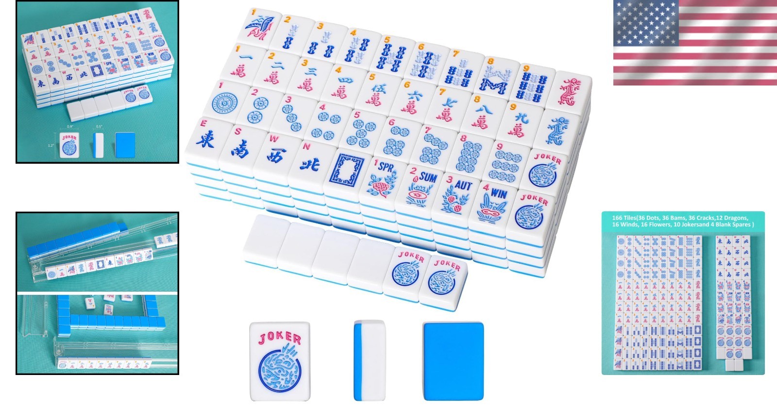 American Mahjong Tile Set, 166 Blue Tiles, 1.2in High Quality, Tiles Only