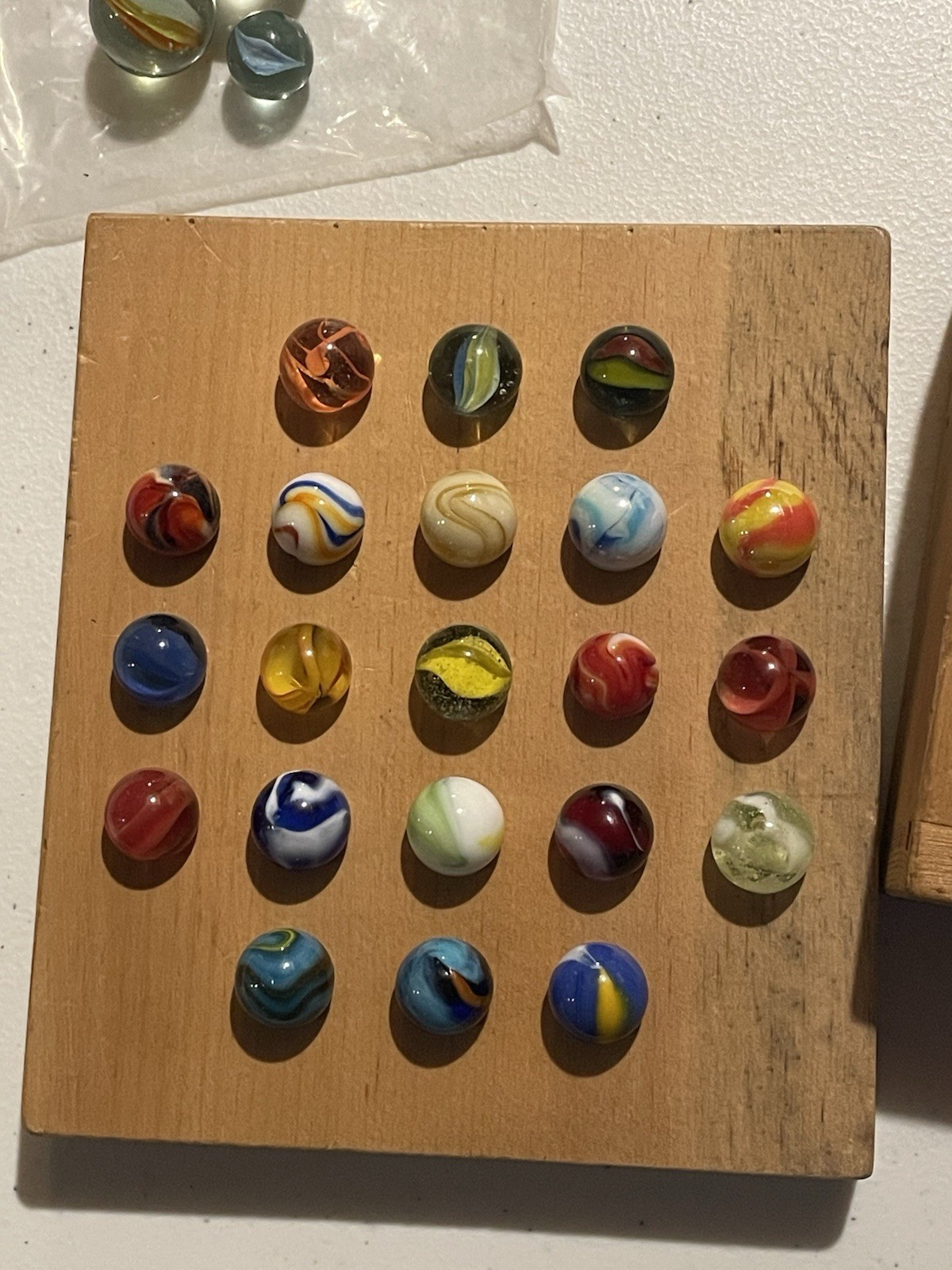 2 Vintage Wooden Marble Solitaire Games with 29 Marbles Cats Eye Nice! 1960’s