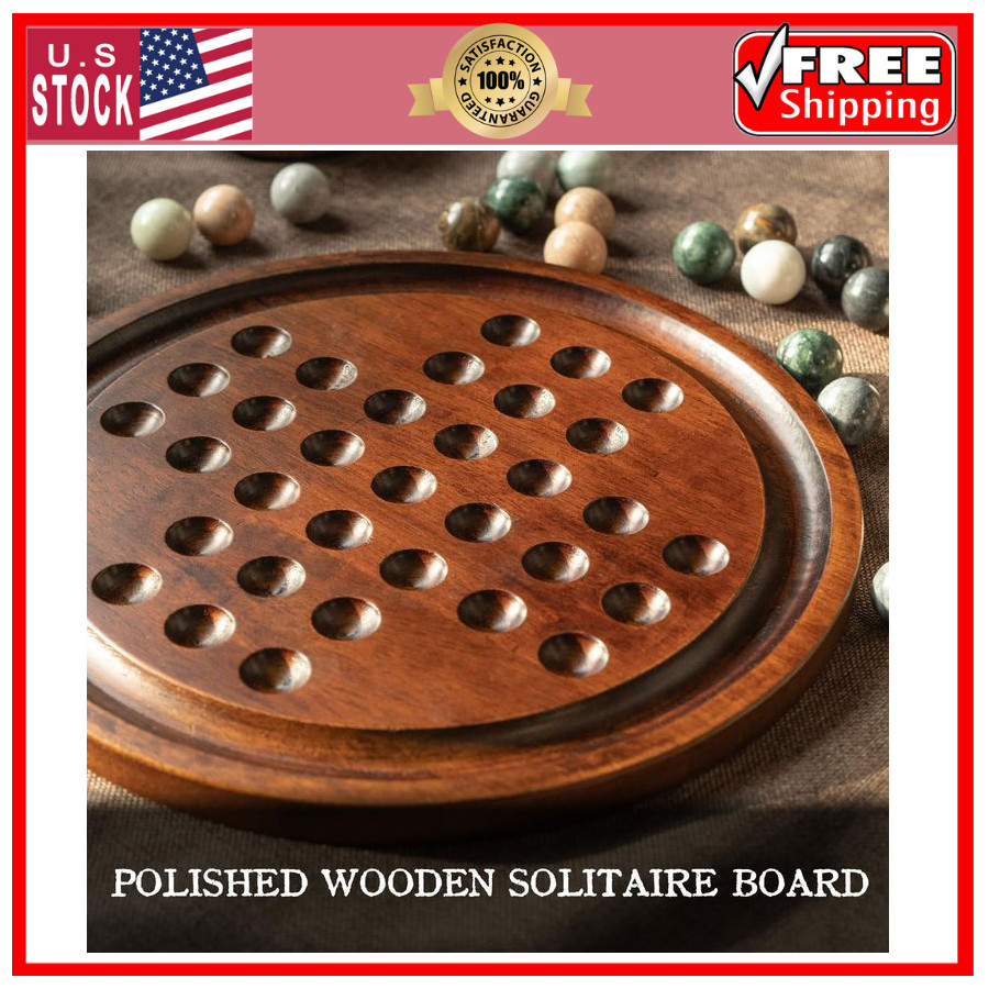 12.6” Wooden Solitaire Board Game Single Player Strategy with Marble Balls Set