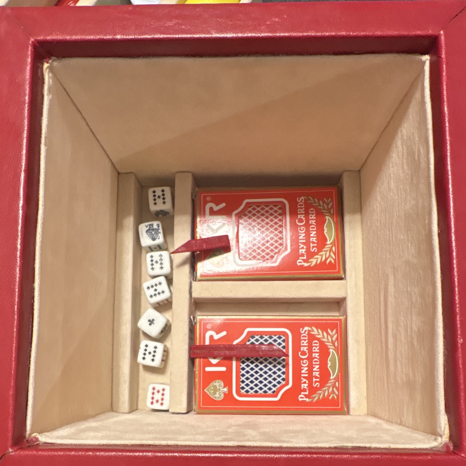 Red Dice-Shaped Travel Game Set w Board, Dominoes, Poker Chips, Cards & Dice