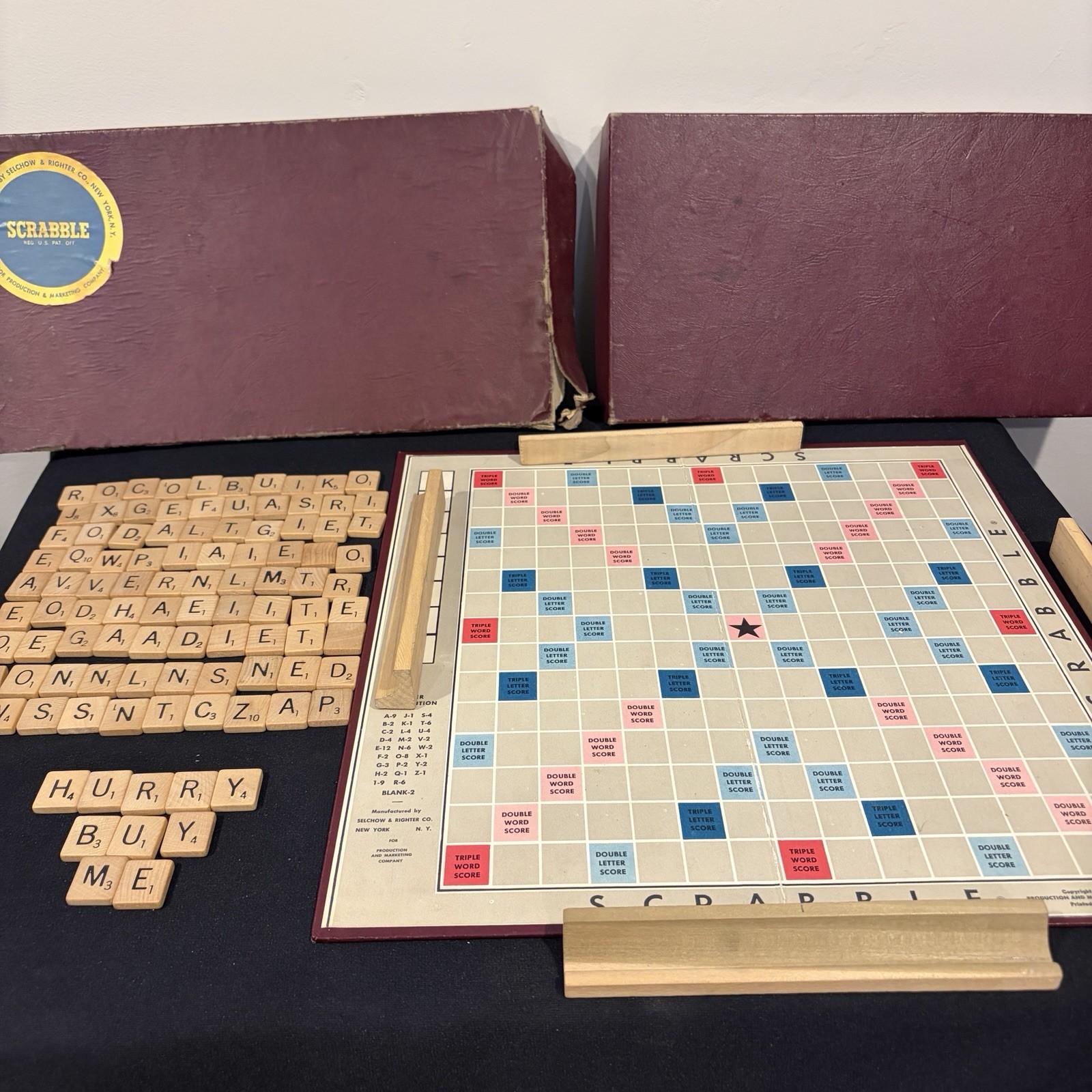 Vintage 1948 Scrabble Crossword Game Selchow & Righter Co Maroon Box Wood Tiles