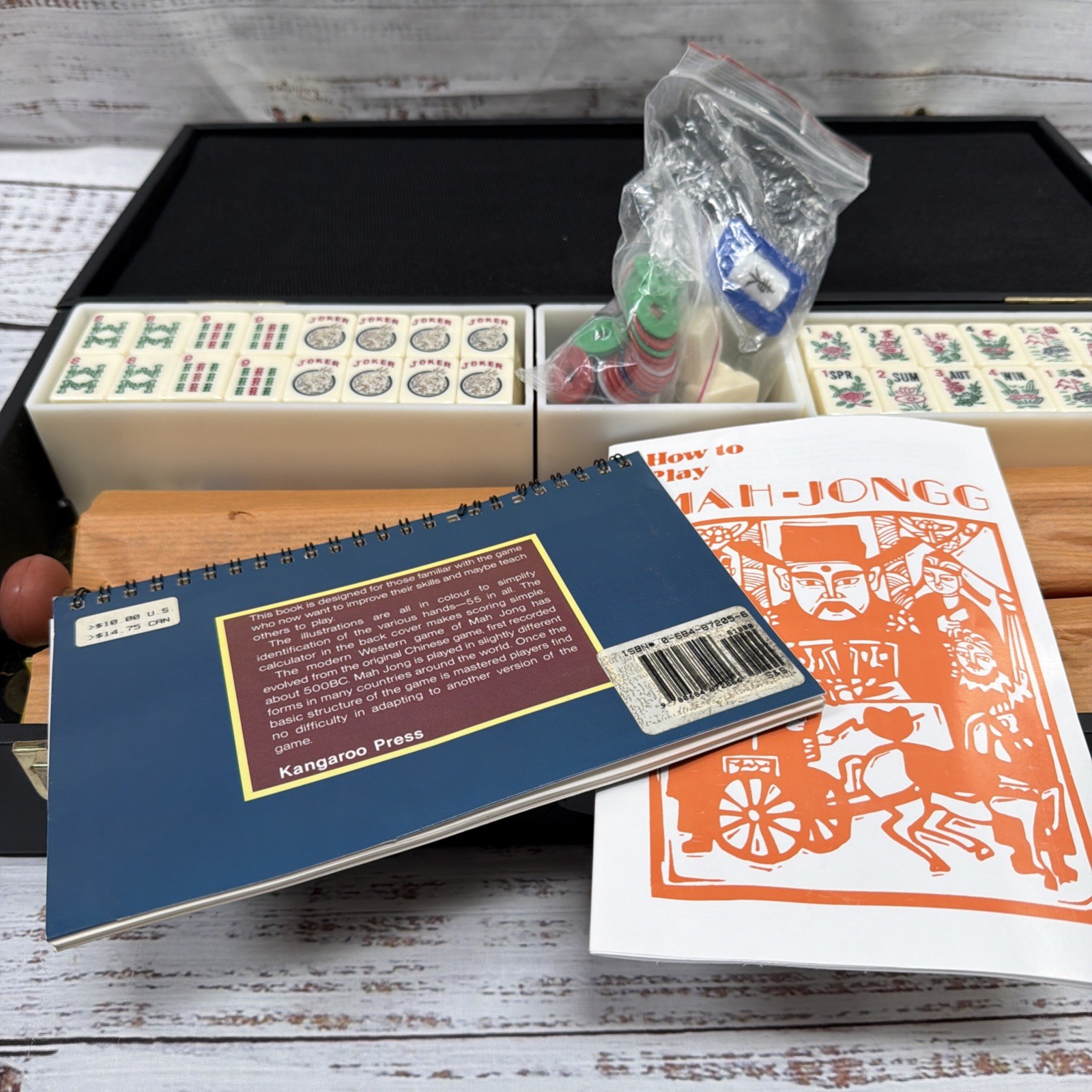 Vintage Mah Jong Set – 4 Bakelite Racks Travel Carry Case 166 Tiles NEVER USED!