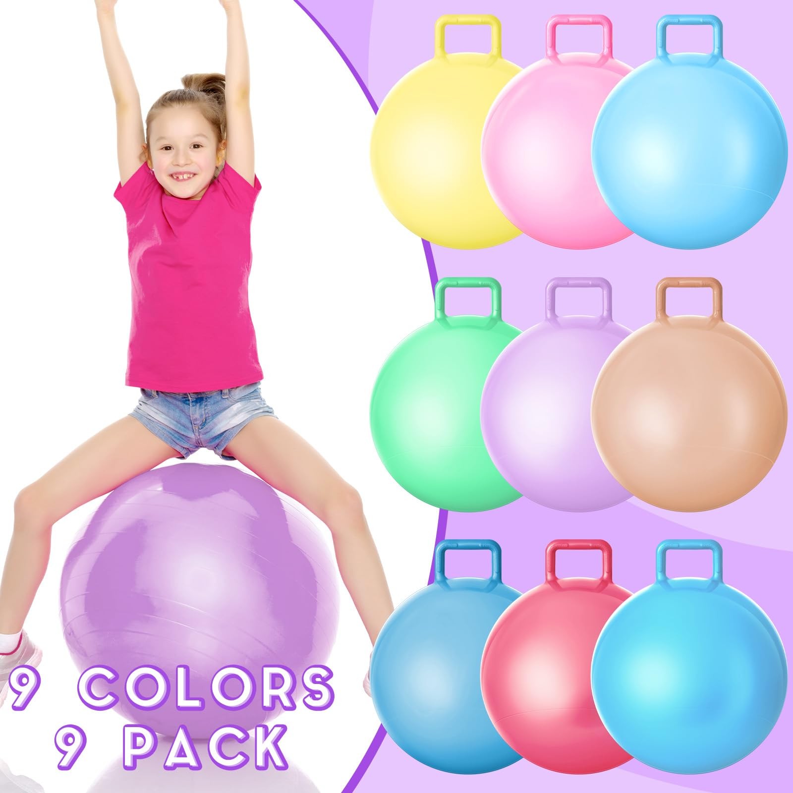 Hopper Ball 9 Pcs 22 Inch Pastel with Handle Jumping Bouncy Meooeck Bulk Kids