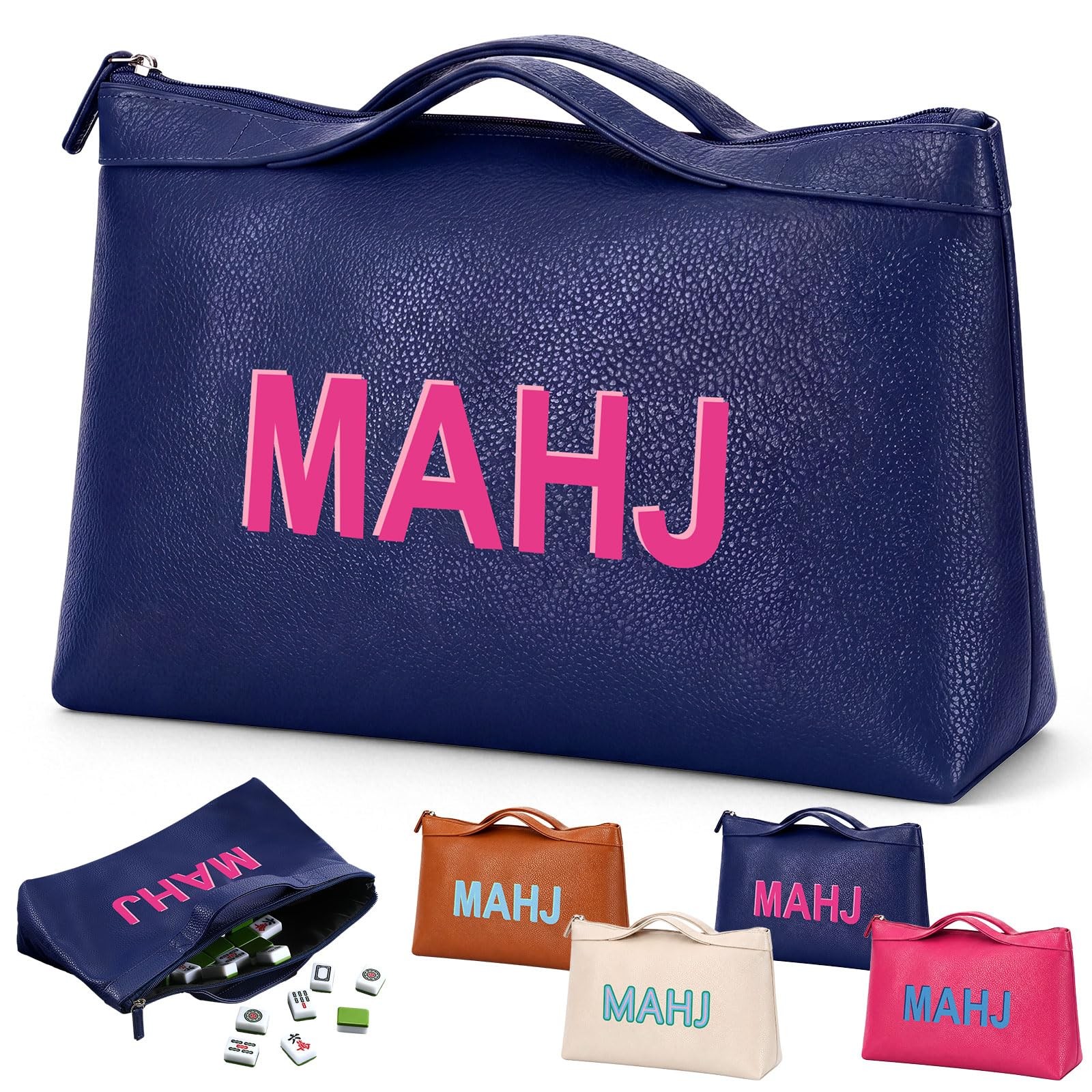 Leather Mahjong Tile Bag with Zipper Handle Lining Mahjong Storage Pouch for …