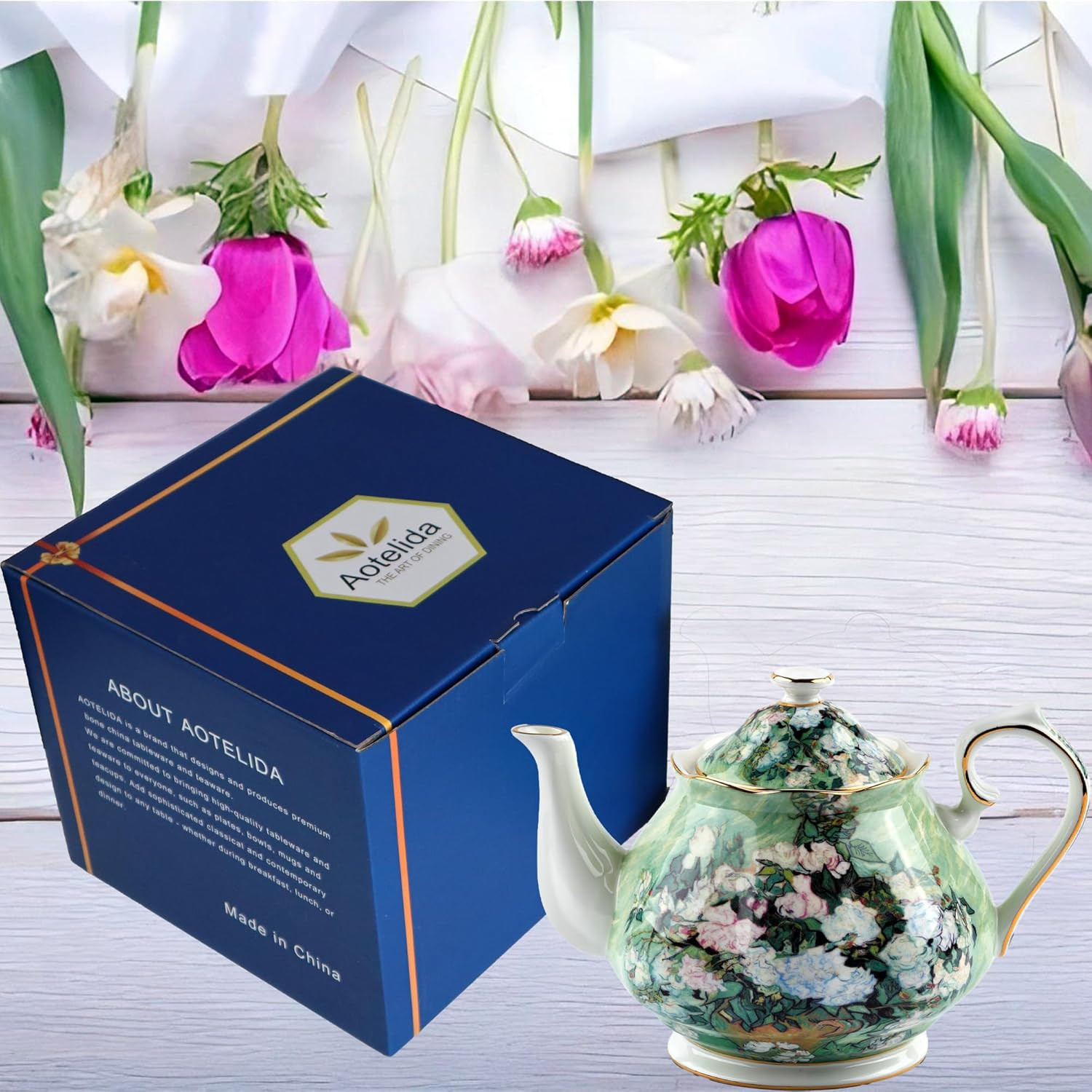 Teapot 30 Oz Vangogh Paintings Bone China Loose Tea Pot Floral Design Vintage Ce
