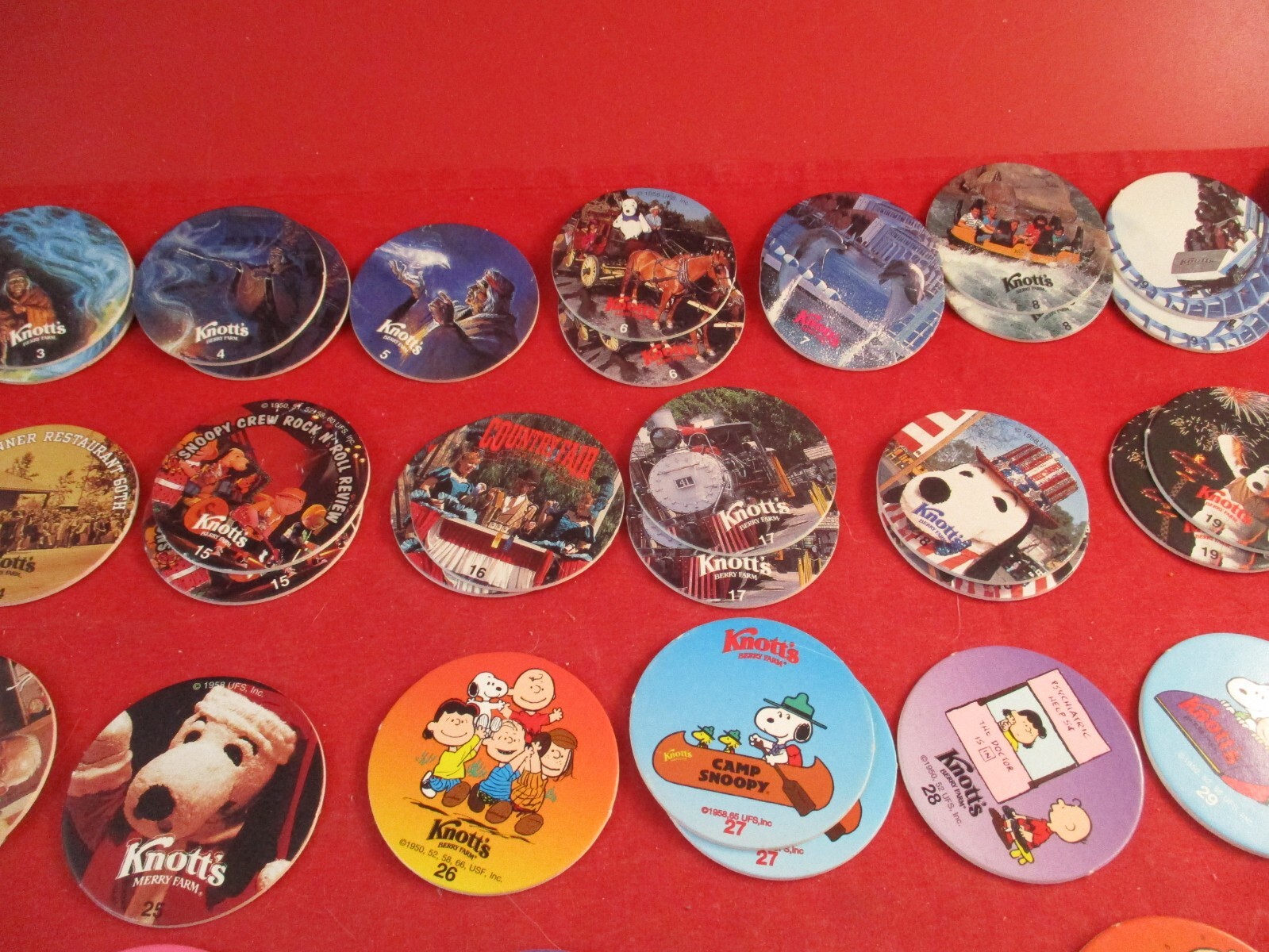 Set of 75 Knott’s Berry Farm Pog Rides & Peanuts Charlie Brown Snoopy w/Slammers
