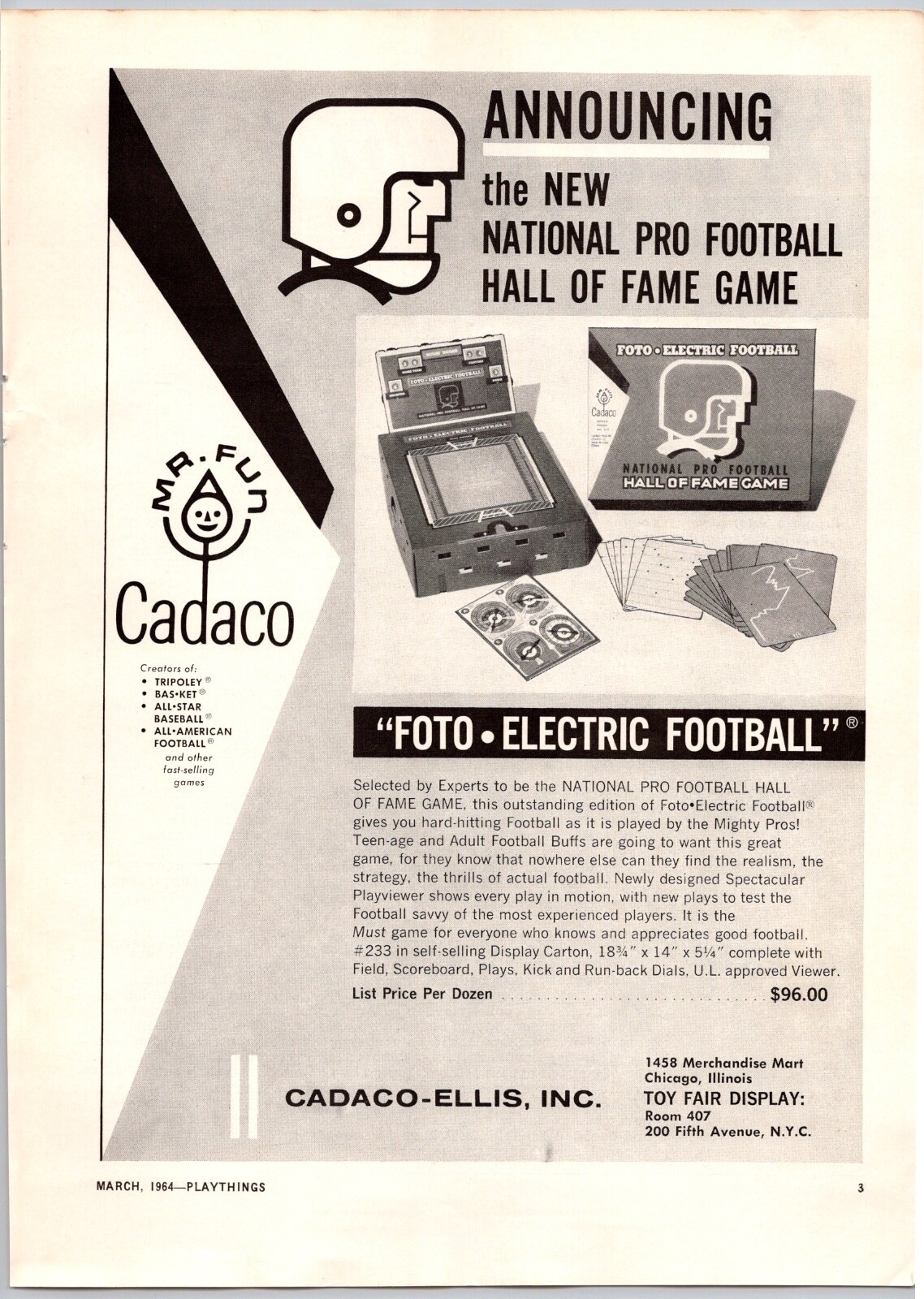 1964 Cadaco Vintage Toy Ad National Pro Football Hall of Fame Game Foto Electric