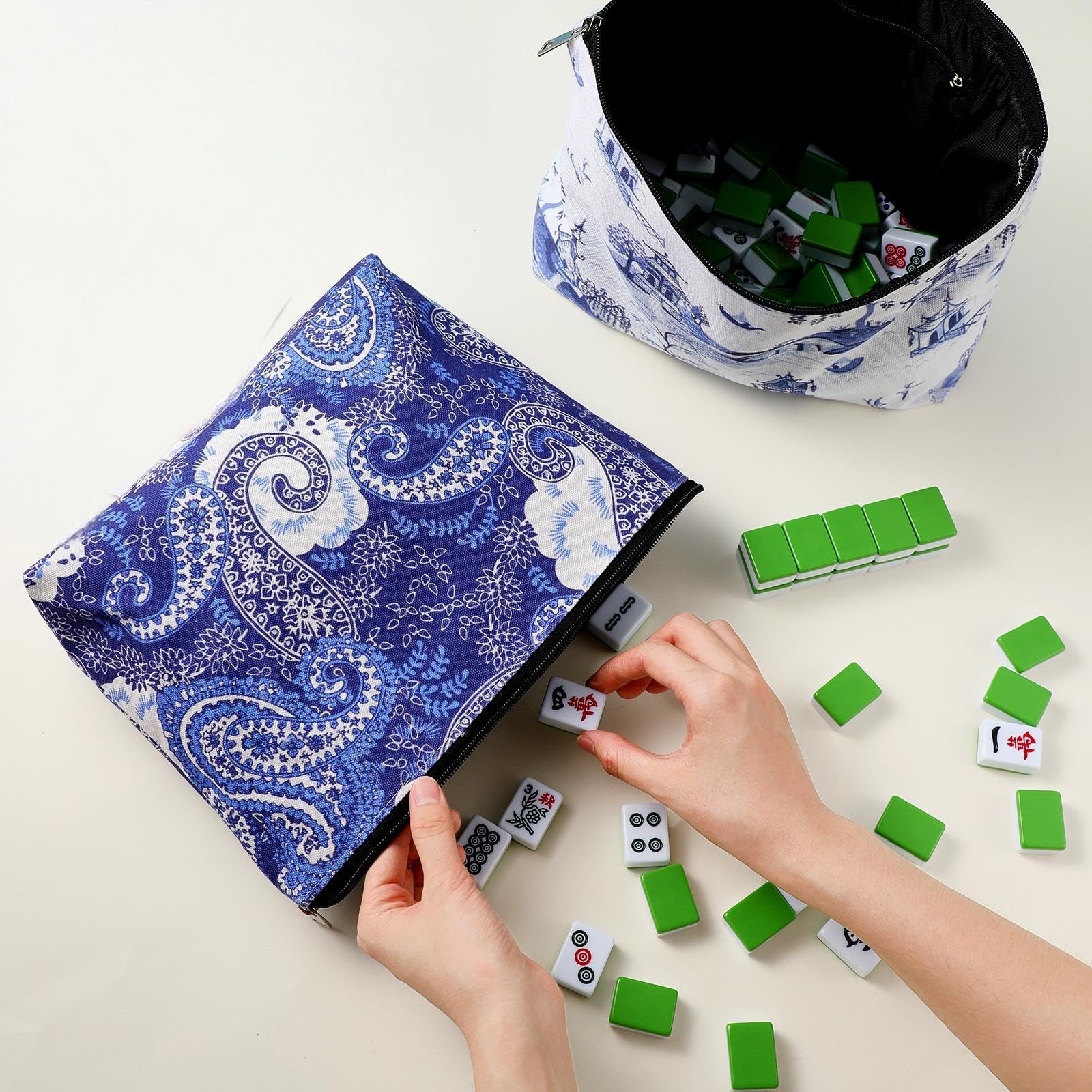2 Pcs Empty American Mahjong Tile Bags White Blue Printed Thickened Soft Bags…