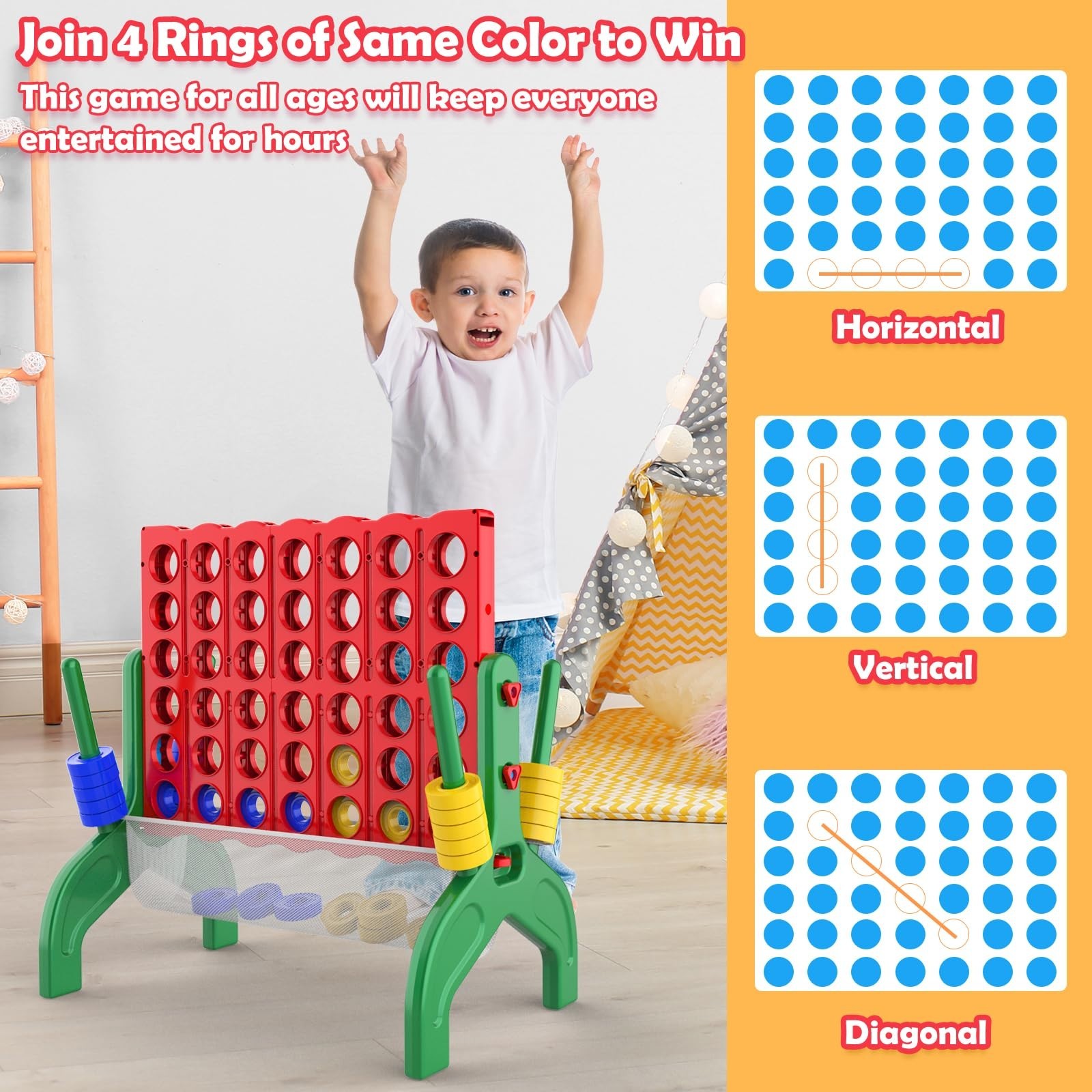 Giant 4-in-A-Row Connect Game – 1.9 FT Jumbo Indoor Outdoor Family Fun, Kids & A