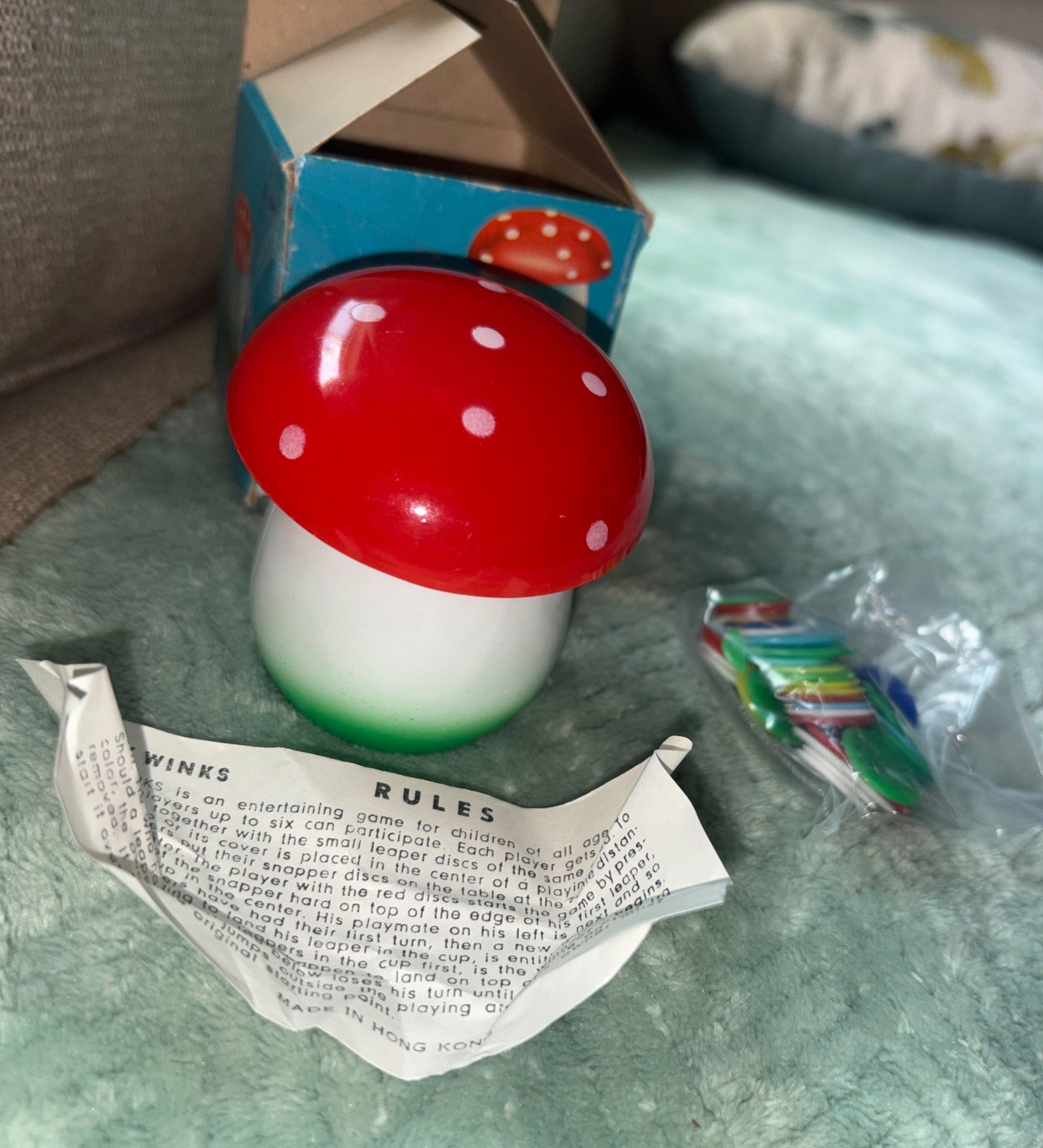 Dan Dee Tiddly Winks Plastic Red Mushroom Game Box Instructions 1969 Hong Kong