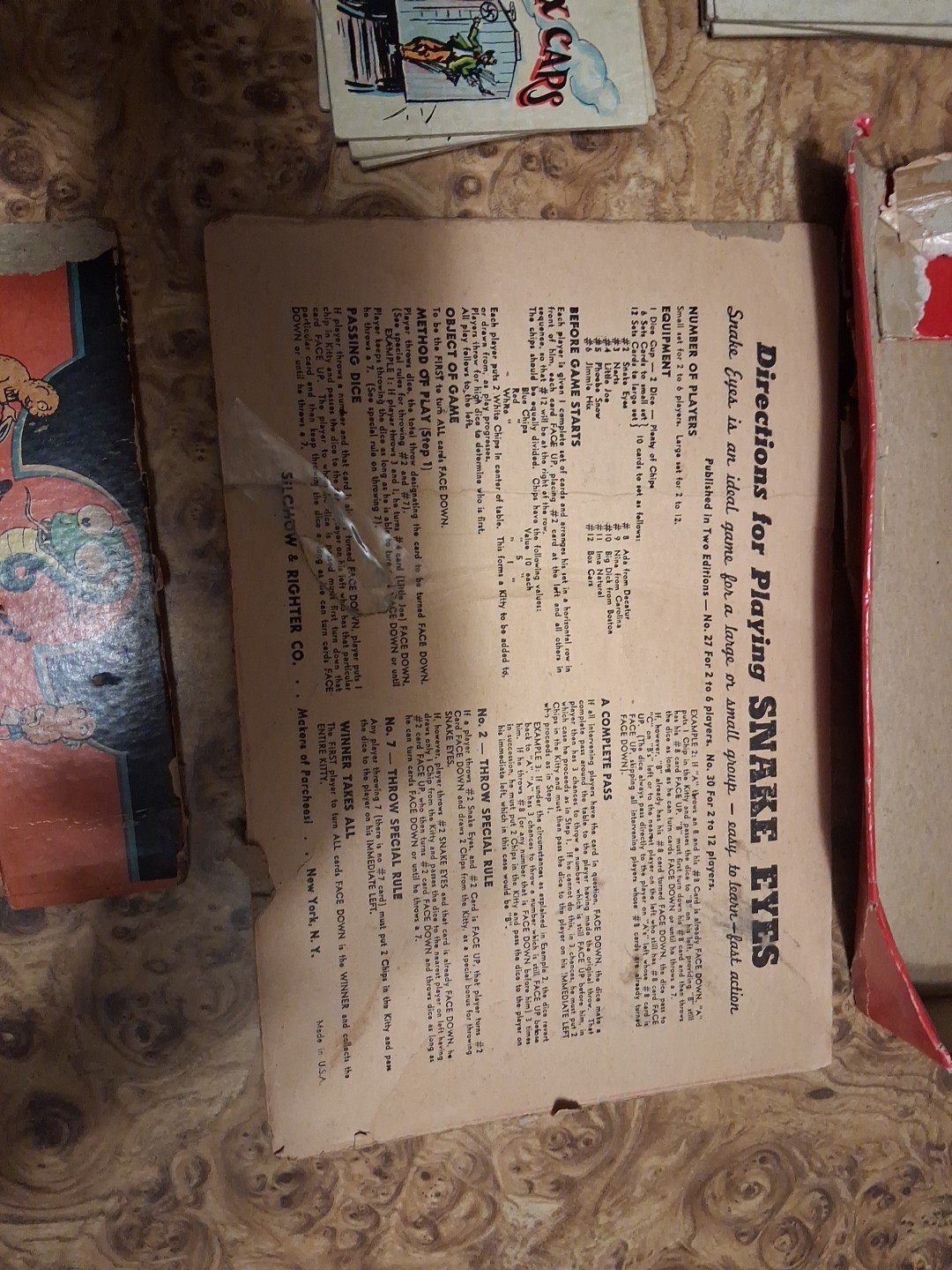 1930s SNAKE EYES 27 SELCHOW RIGHTER ALL CARDS PRESENT / 6 EACH NO CUP OR CHIPS