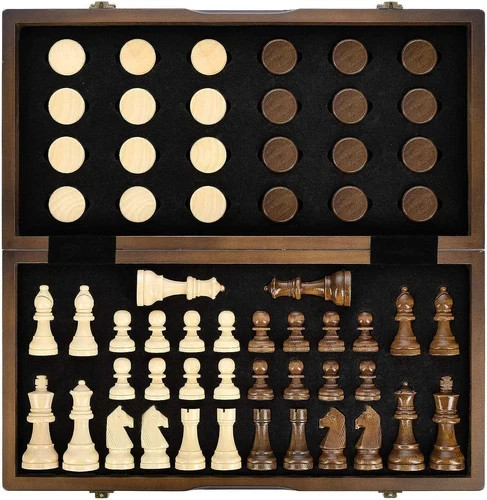 NEW Beyond Innovations 2 in 1 Magnetic Wooden Chess and Checkers Set 15″ x 15″