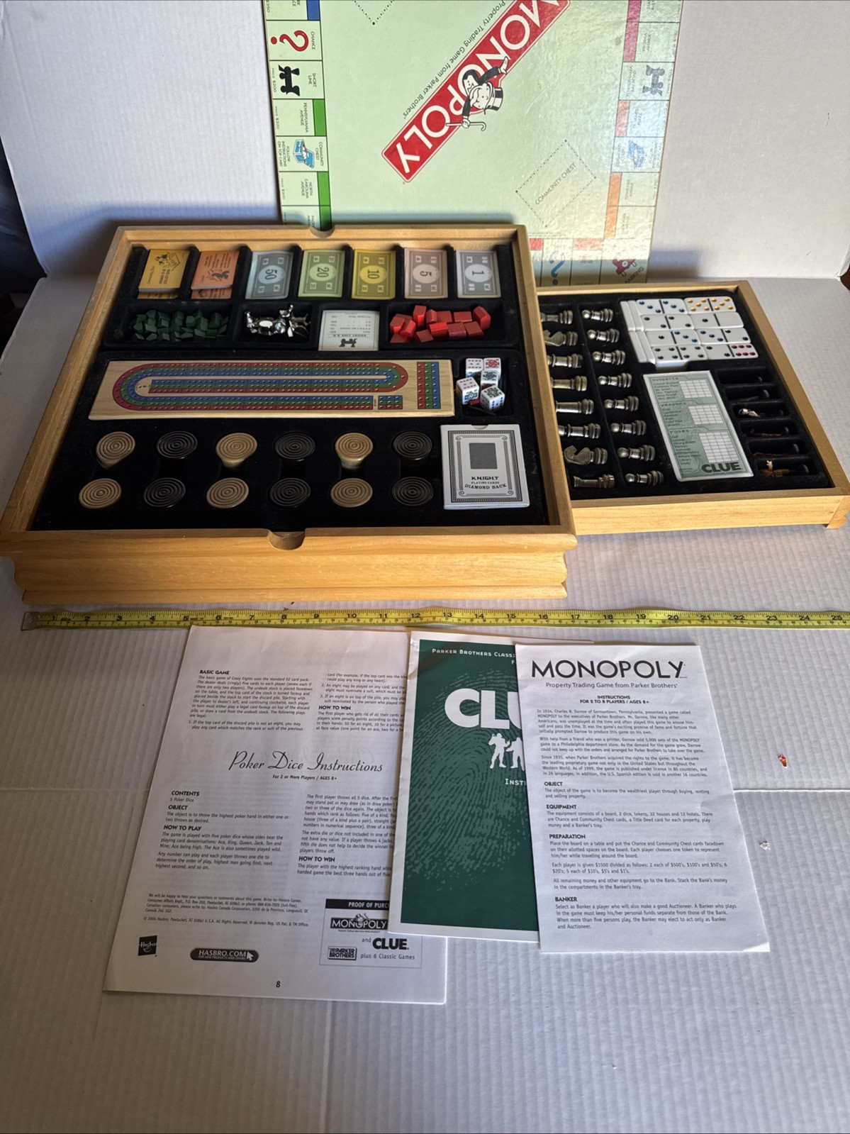 Deluxe Solid Wood Cabinet Monopoly + Clue + 6 Classic Games Chess Checkers Cards