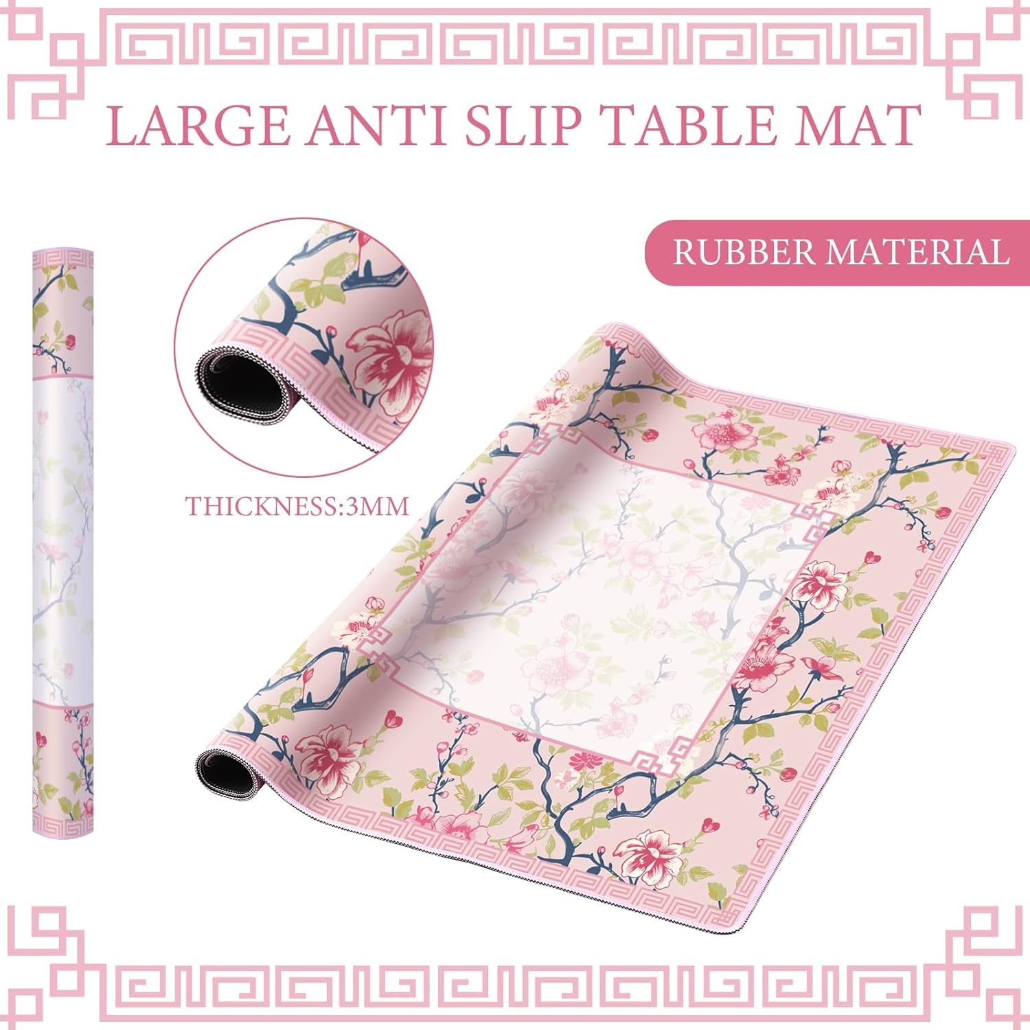 Chinoiserie Mahjong Mat W/ 1 Carrying Bag 31.5 x 31.5 Pink & White Rubber