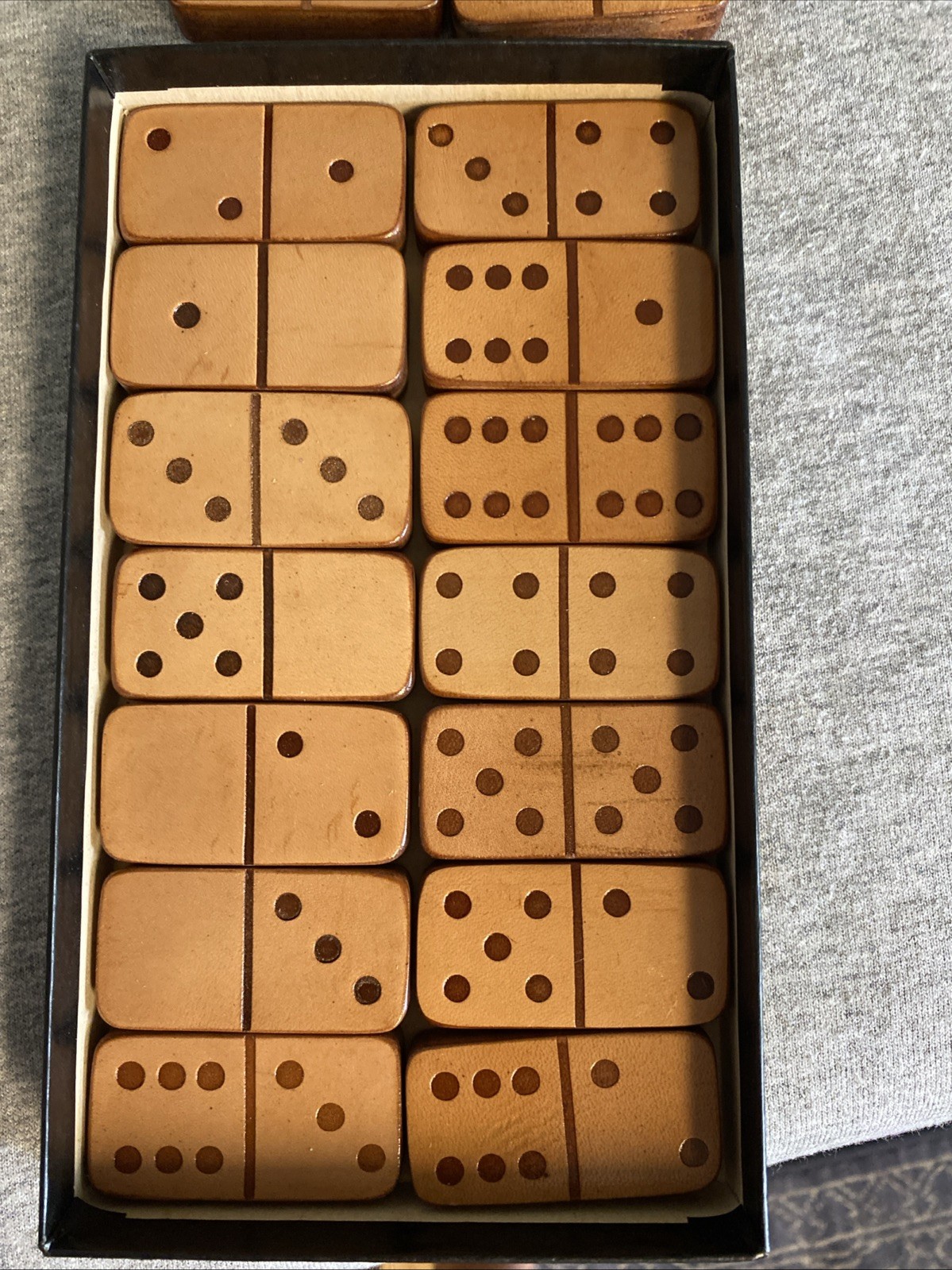 Nice In box Leather And Wood Deer Antler Dominoes-Rare