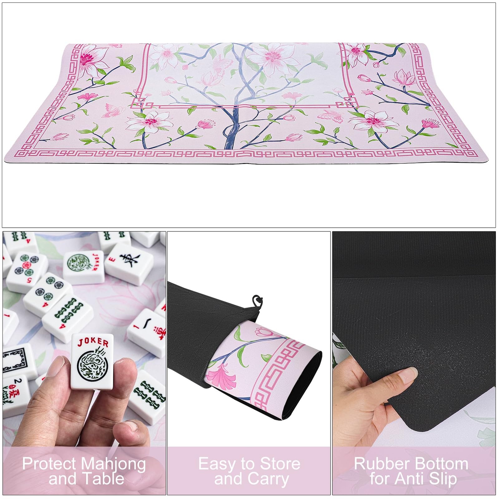 Pink Printed Mahjong Mat (31.5”x31.5”) with Black Carrying Bag, Anti-Slip, No…