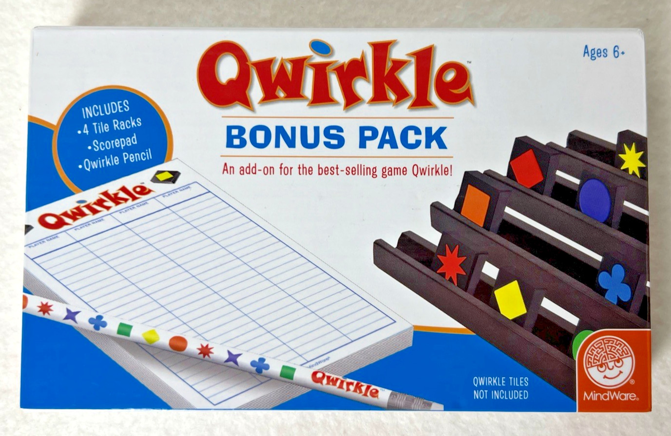 Qwirkle, BONUS PACK – Add-on Wood Tile Racks (4), Scorepad, Pencil – NEW sealed