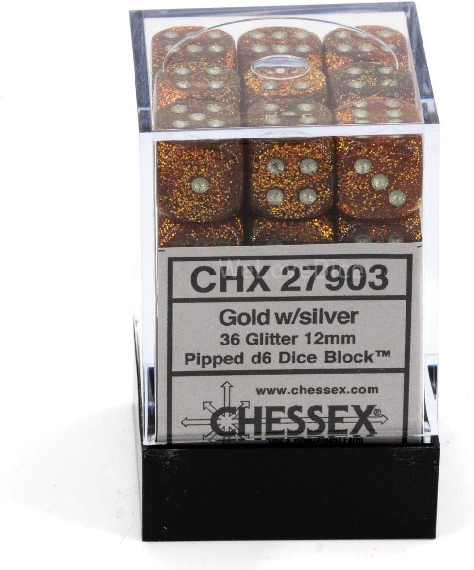 d6Cube12mm Glitter Polyhedral GDsv – Chessex (Pack of 36)