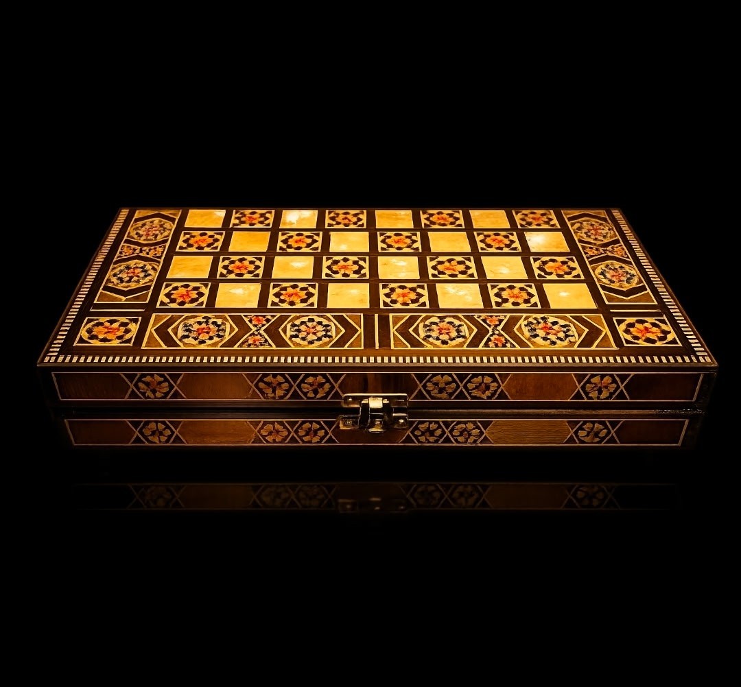 Vintage Mosaic Inlay Chess Backgammon Set Handcrafted Wood Marquetry Game Box