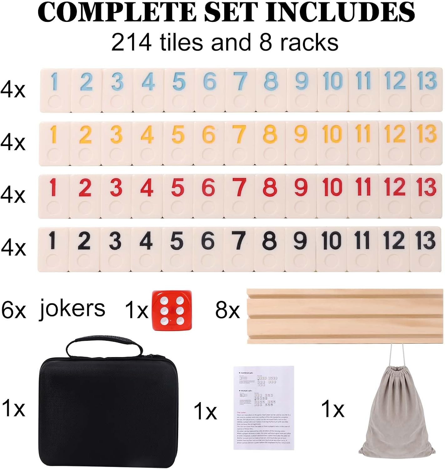 Upgraded 6-8 Players Rummy Cube Board Game Set with 8 Wooden Racks, 214 Tiles, P