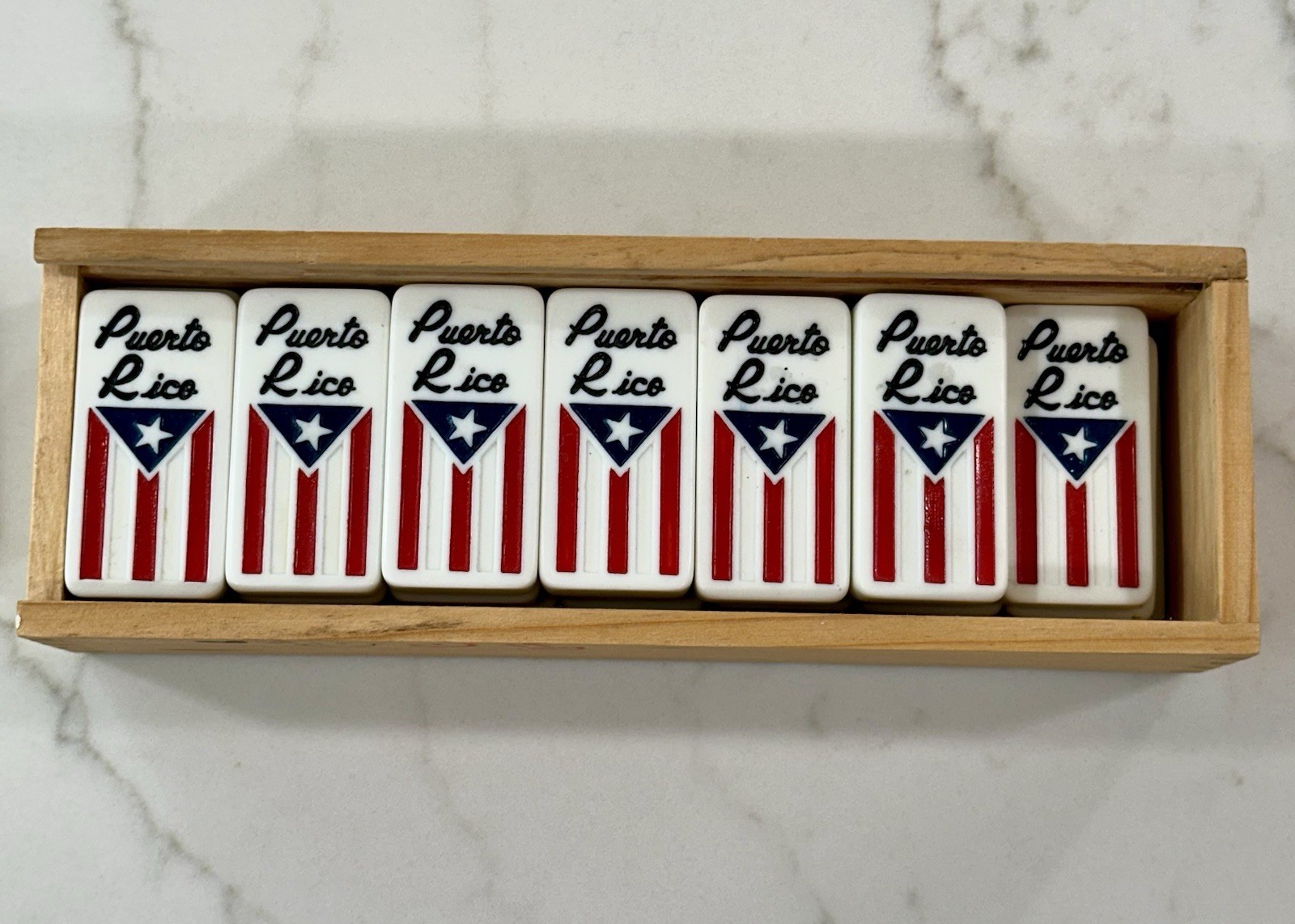 Double-Six Domino Set w/ Wood Box: 2” Puerto Rico Flag *Missing One Tile*