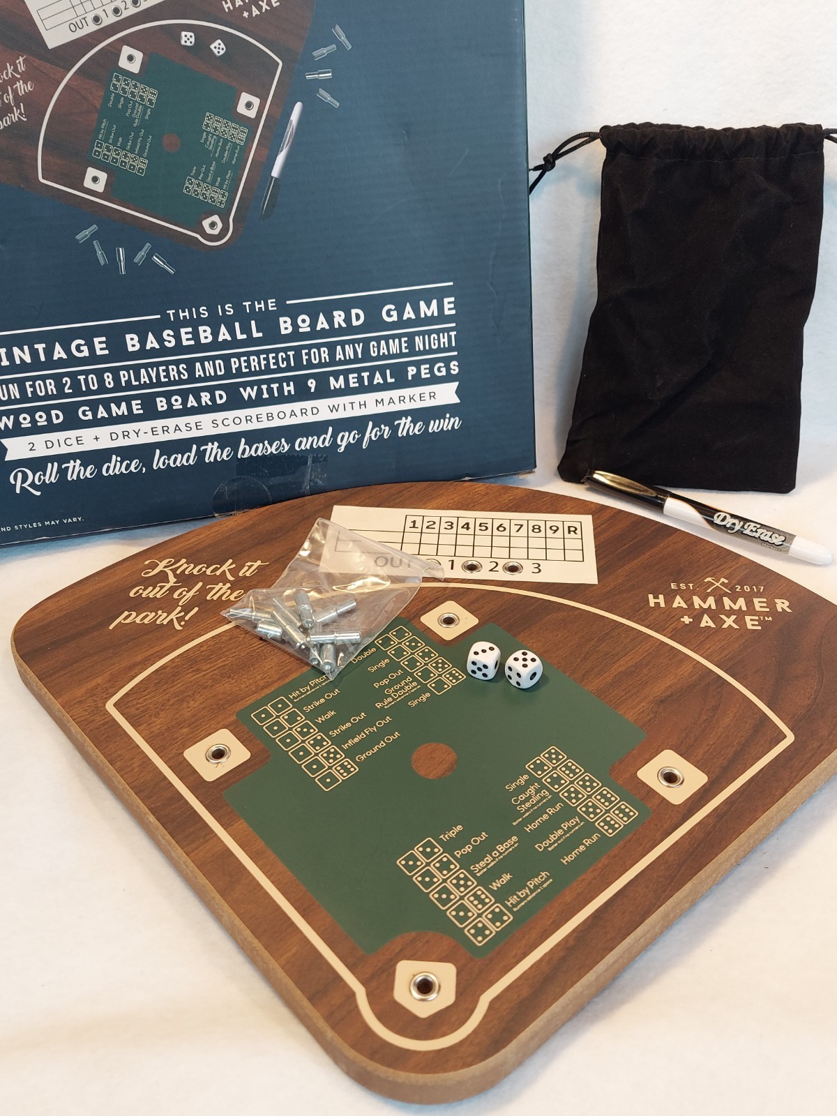 Vtg Baseball Board Game Wooden Board Metal Pegs Hammer & Axe 2 To 8 Players