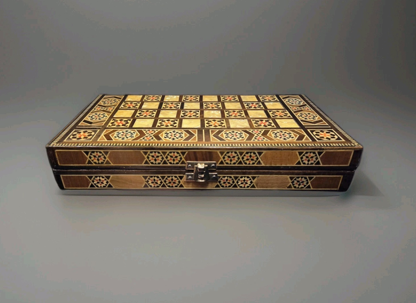 Vintage Mosaic Inlay Chess Backgammon Set Handcrafted Wood Marquetry Game Box