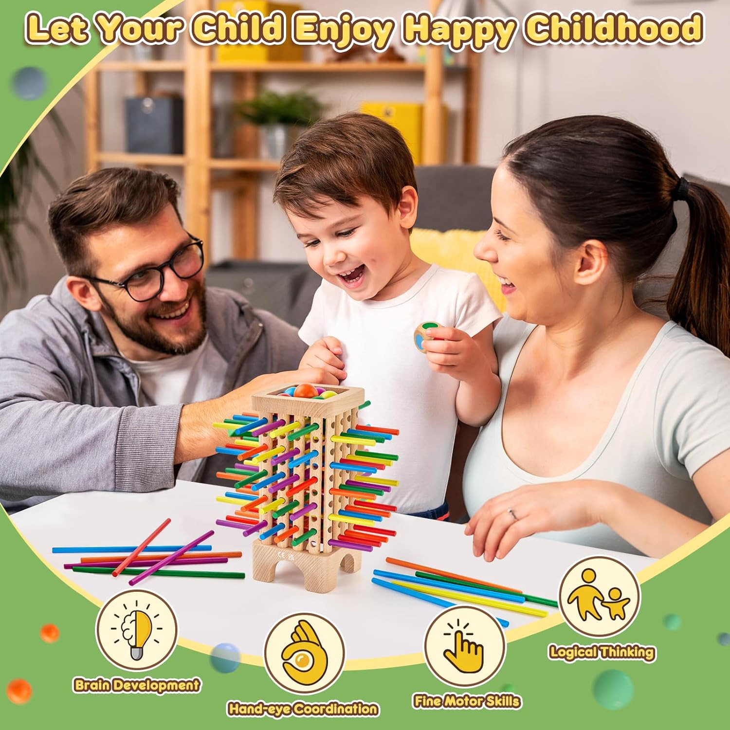 Montessori Game Wooden Board Game, 42 Colorful Wooden Sticks Dice Game Math Educ
