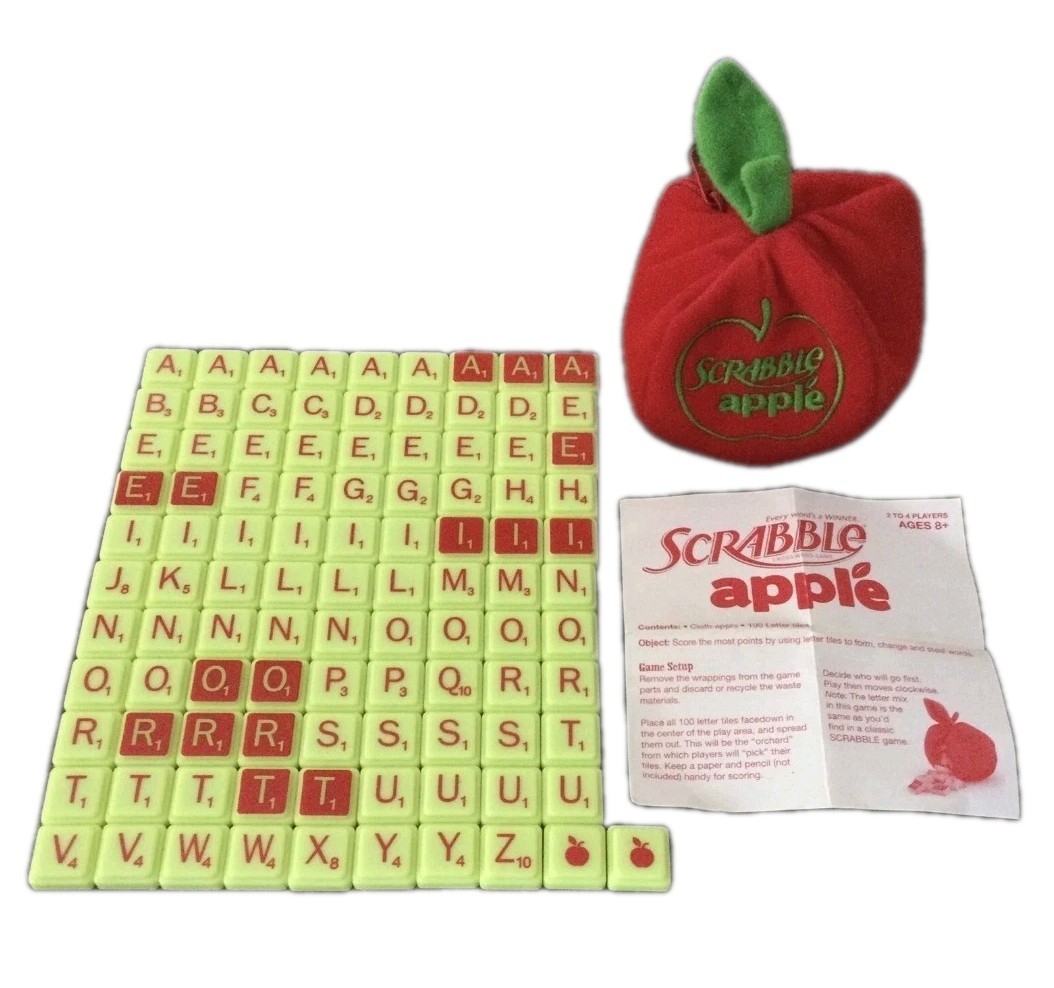 Scrabble Apple Word Game Zip-Up Bag Pouch Letter Pieces Classic Board Complete