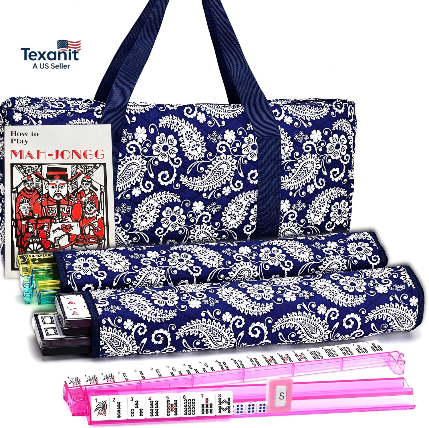 American Mahjong Set, Blue Paisley Carrying Bag,166 Premium White Tiles,4 All-In