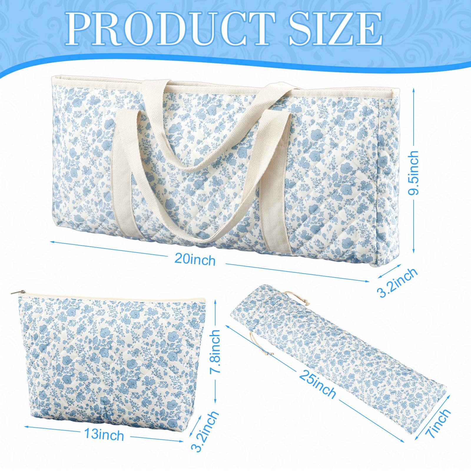 3 Pcs Quilted Empty Mahjong Bag Set, Thickened Blue Floral Carrying Bag Set w…