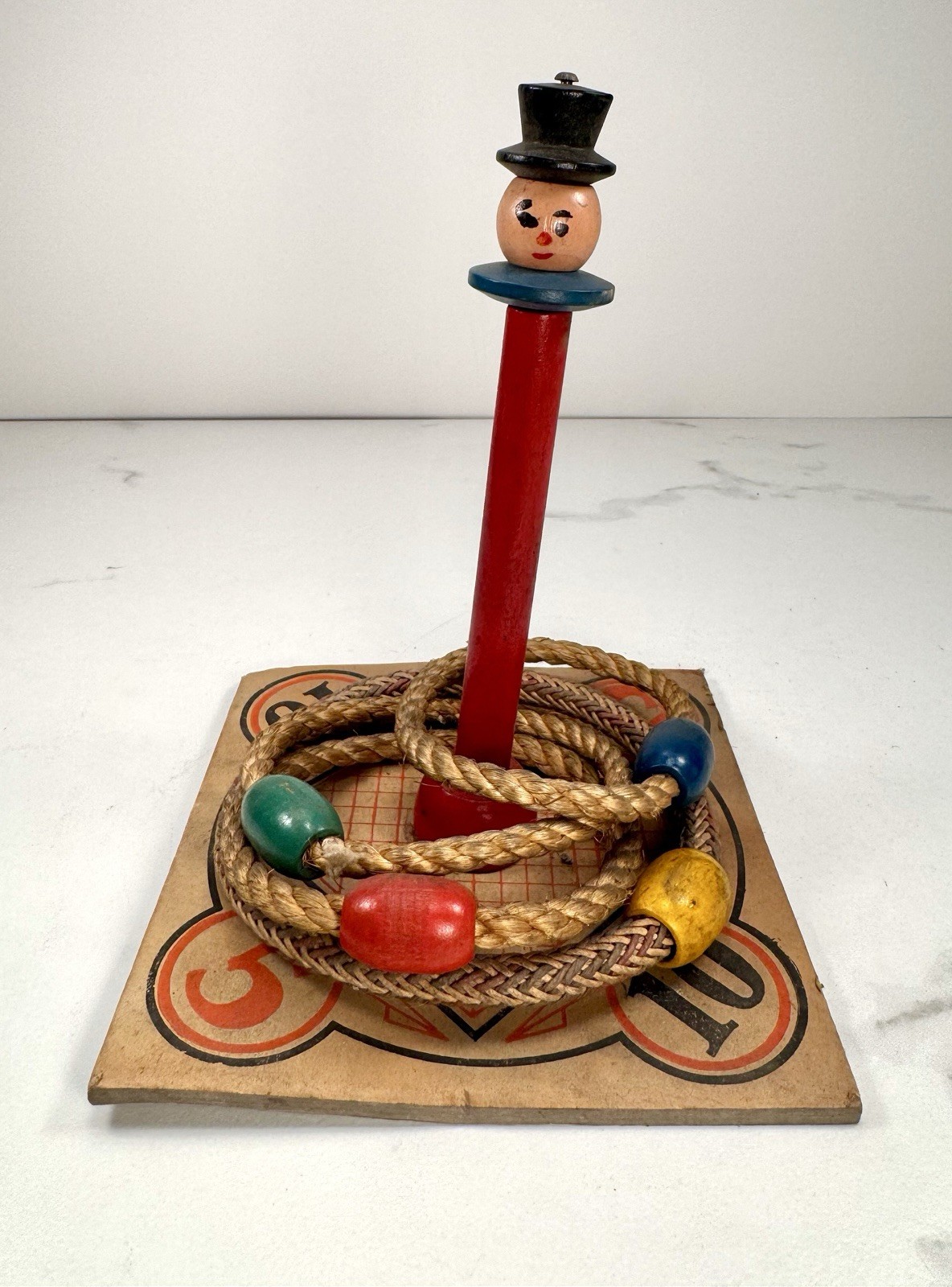 Vintage Wooden Ring Toss Game Clown Figure Rope Rings Folk Art Carnival Toy