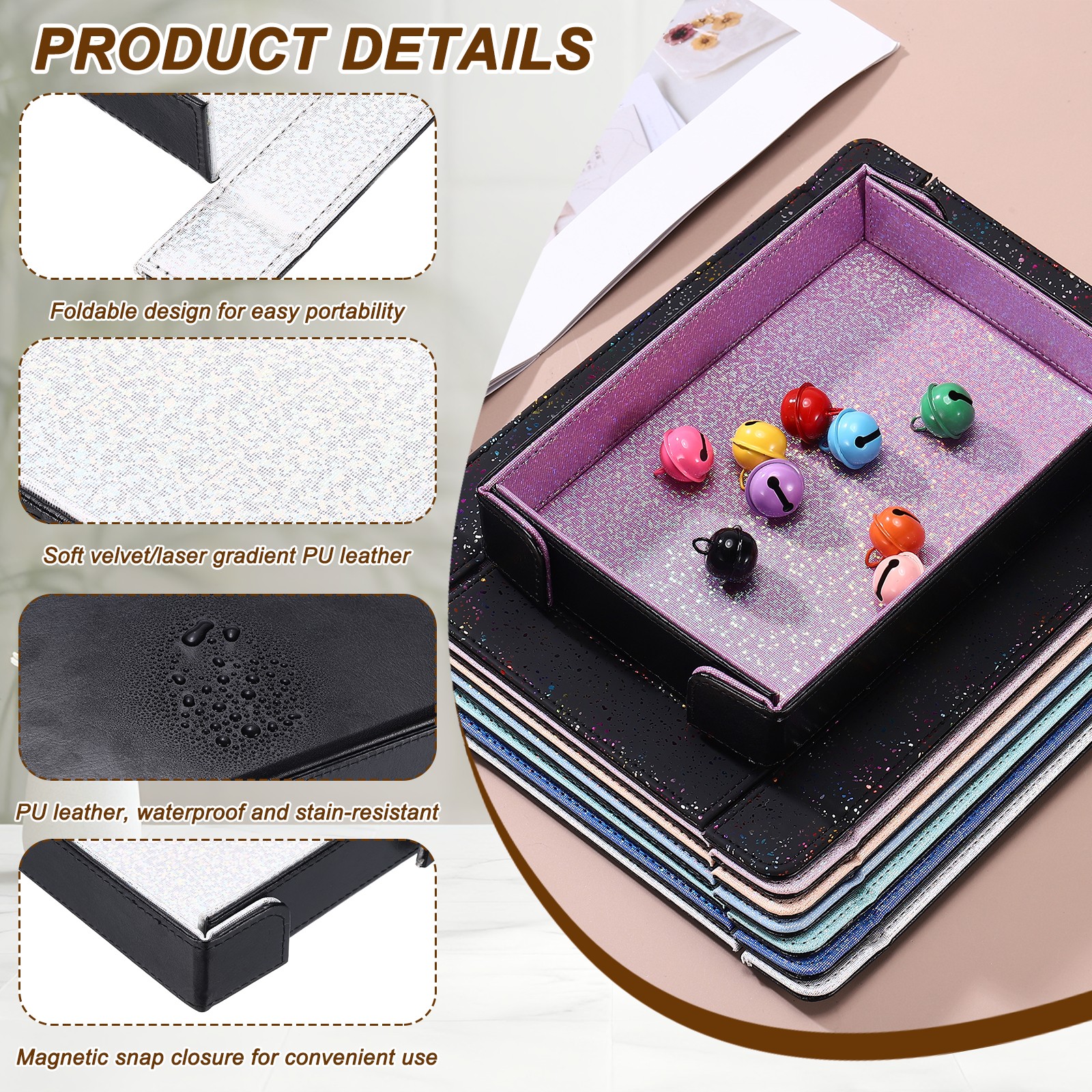For PU Leather Dice Tray Rectangle Glitter Silver White