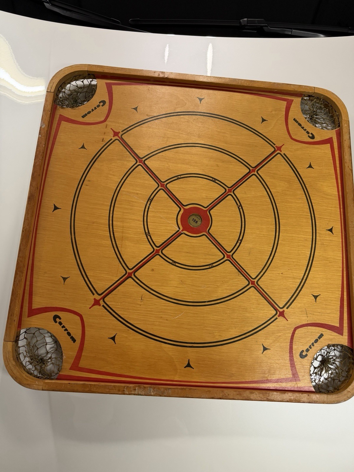Vintage Carrom 2 Sided Game Board 28″ x 28″ With original 64 Page Rule Book 1963