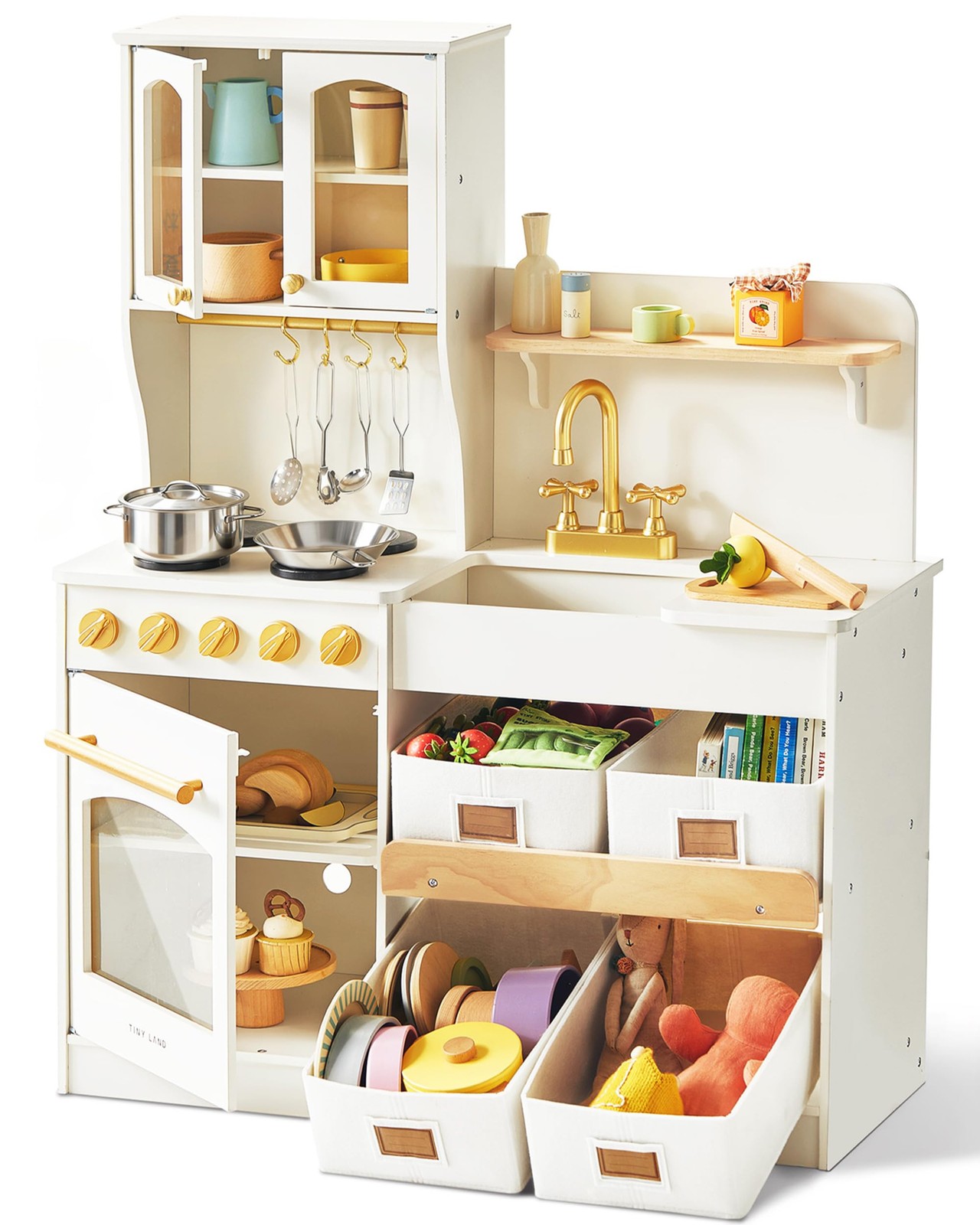Wooden Play Kitchen Kids Toddler Stove Sink Cabinets Storage Tiny Land Enhanced