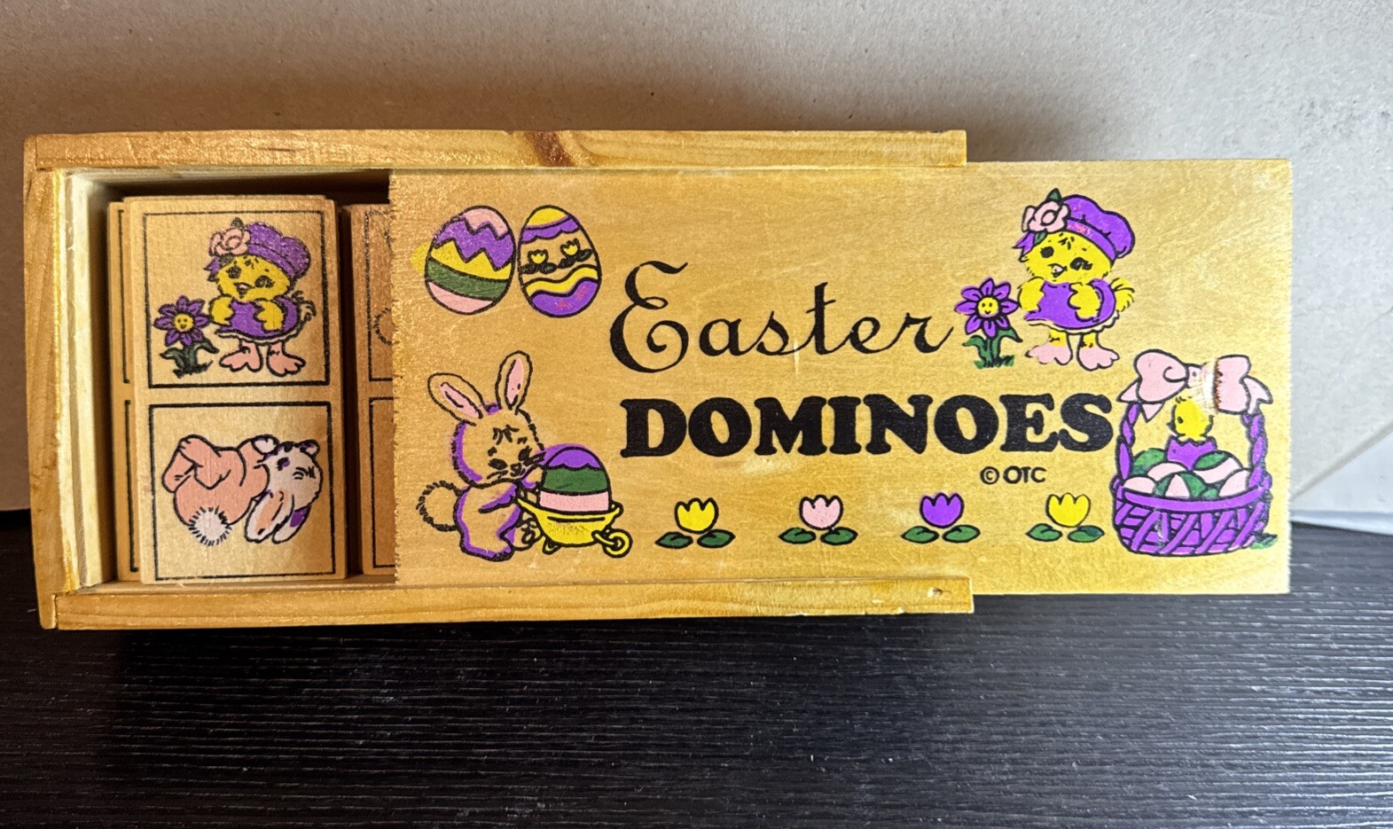 Vtg Oriental Trading Co Wood Box Easter Dominos Matching Game Toddlers/Kids