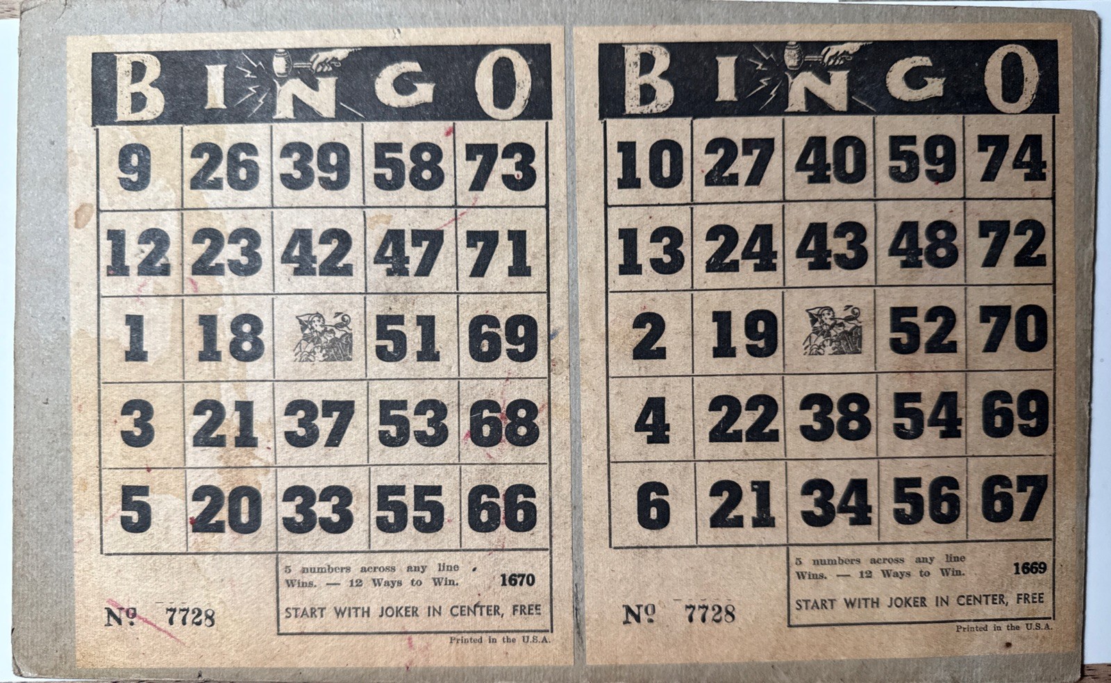1930s Lg heavy Double BINGO Card Vtg Joker Center USA 12 Ways to Win