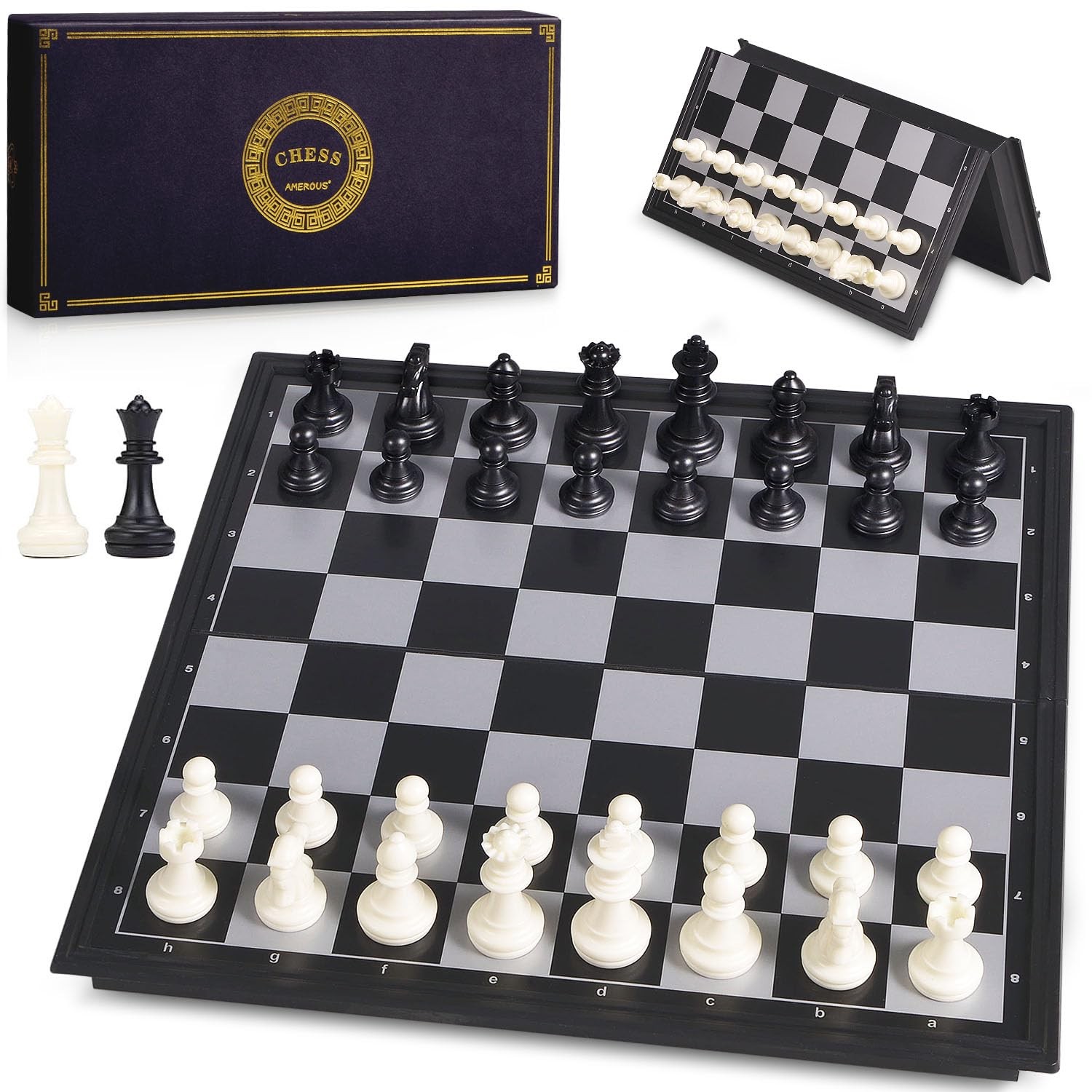 10 Inches Magnetic Travel Chess Set with Folding Chess Board – 2 Extra Queens…